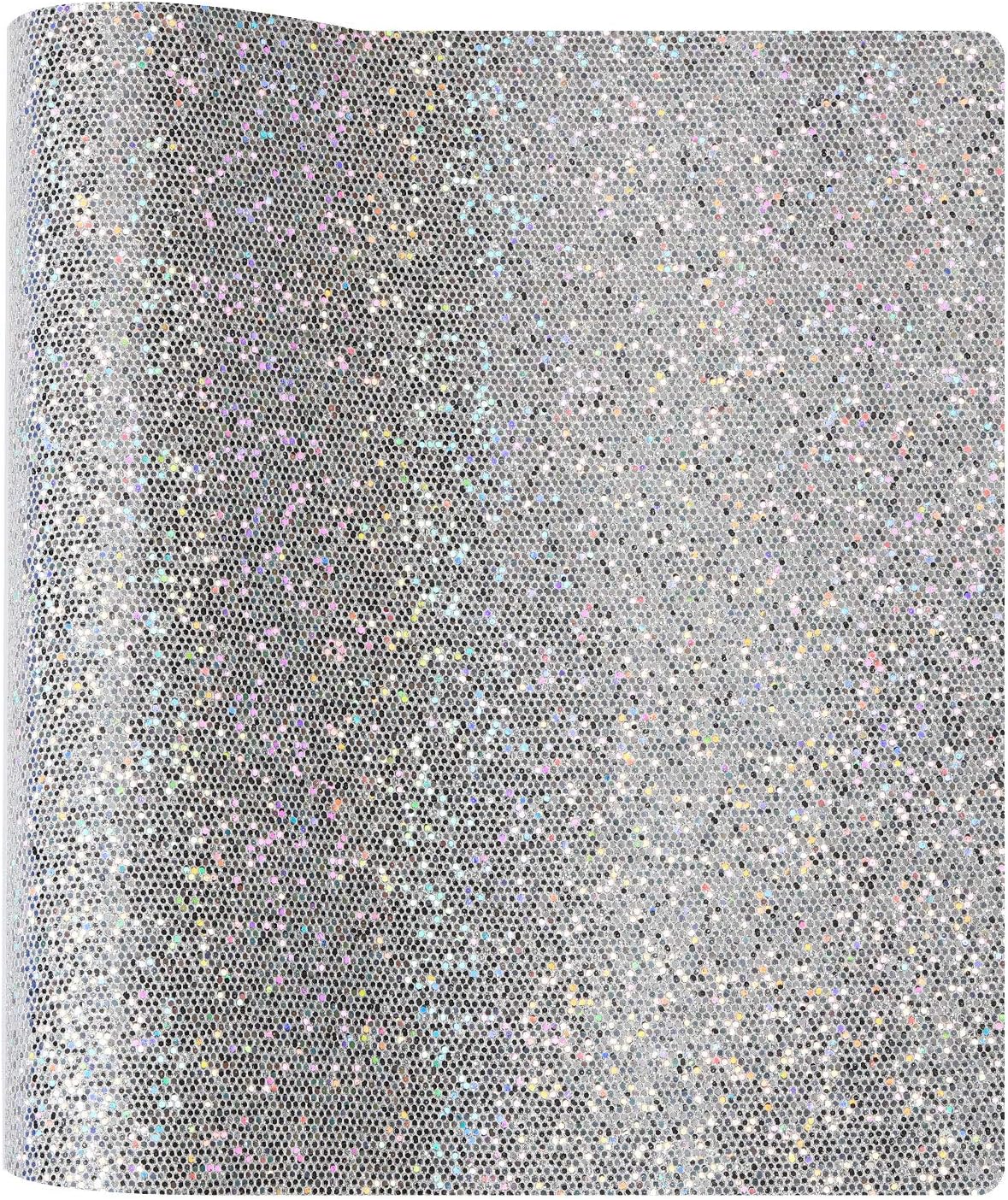 Meneng Mesh Shiny Superfine Glitter Fabric Faux Leather Sheets,9''x 53''DIY Craft Leather for Handmade Jewelry (Silver)