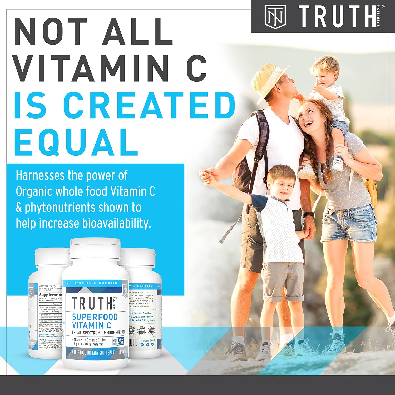 Truth Nutrition Organic Vitamin C Superfood Blend - 60 Natural Vitamin C Capsules Vegan Supplement - 150mg Vegan Vitamin C with Organic Acerola Cherry Powder, Amla Powder, Rosehip Powder and Camu Camu