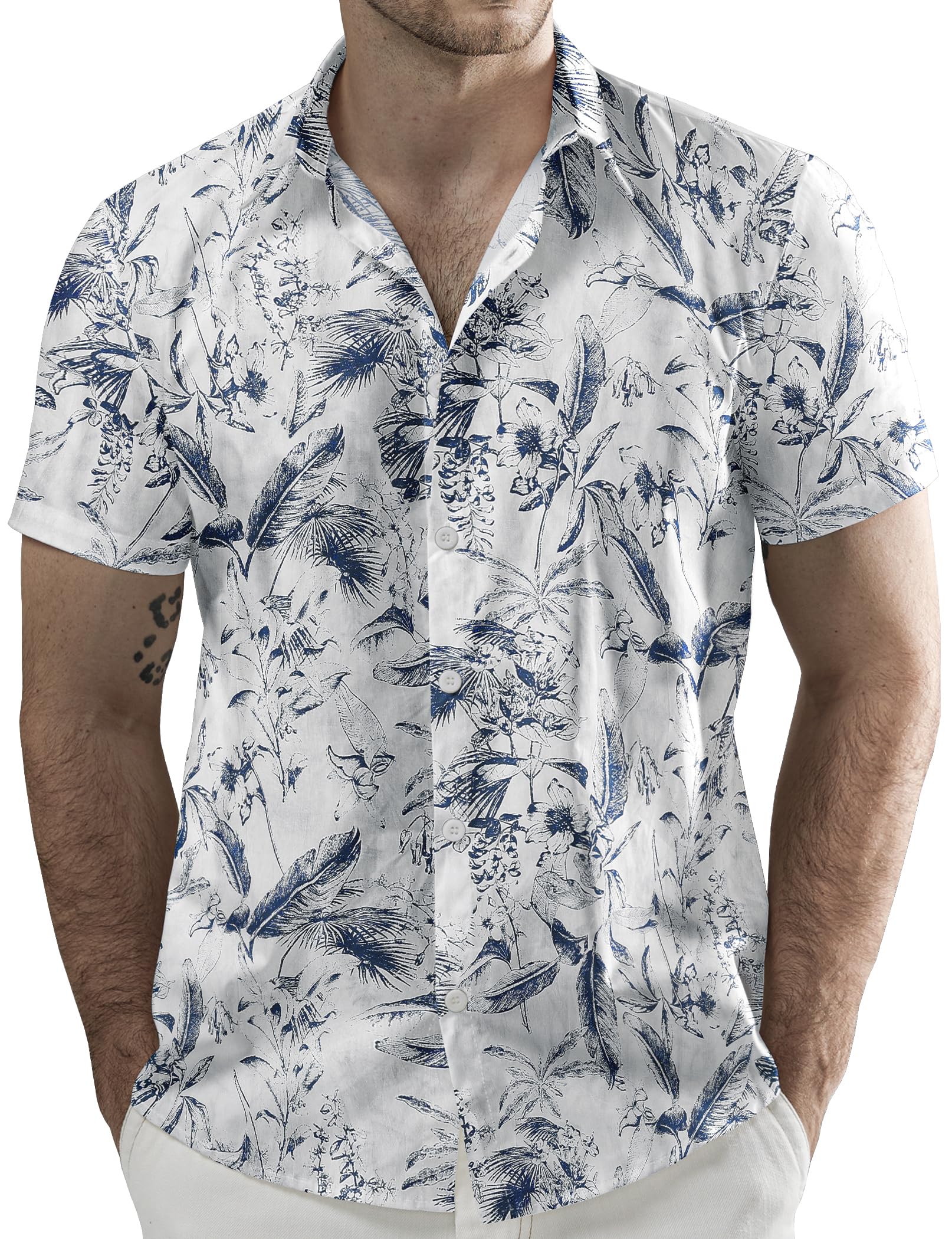 JOGAL Men's Flower Cotton Button Down Short Sleeve Hawaiian Shirt