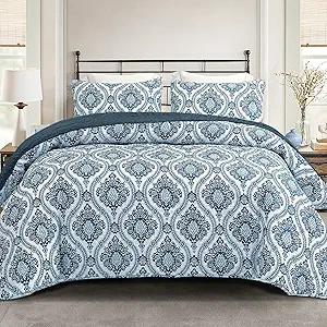 Exclusivo Mezcla Reversible Boho Quilt Set King Size, 3 Pieces Damask Blue All Season Bedspreads, Ultra Soft Floral Coverlet Bedding Set with Printed Pattern (1 Quilt, 2 Pillow Shams)