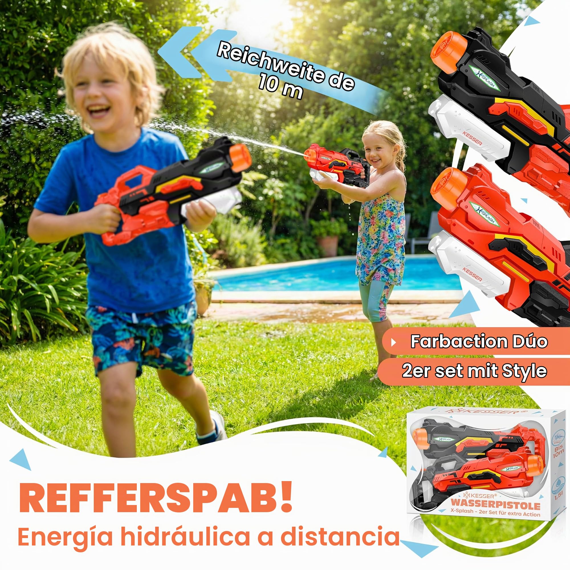 KESSER® Juego de Pistolas de Agua de 2 Pistolas de Agua Pistolas rociadoras Rango 10-11 Metros, Capacidad 1500ml diversión en el Agua Juguetes de Playa al Aire Libre para niños, Negro/Rojo