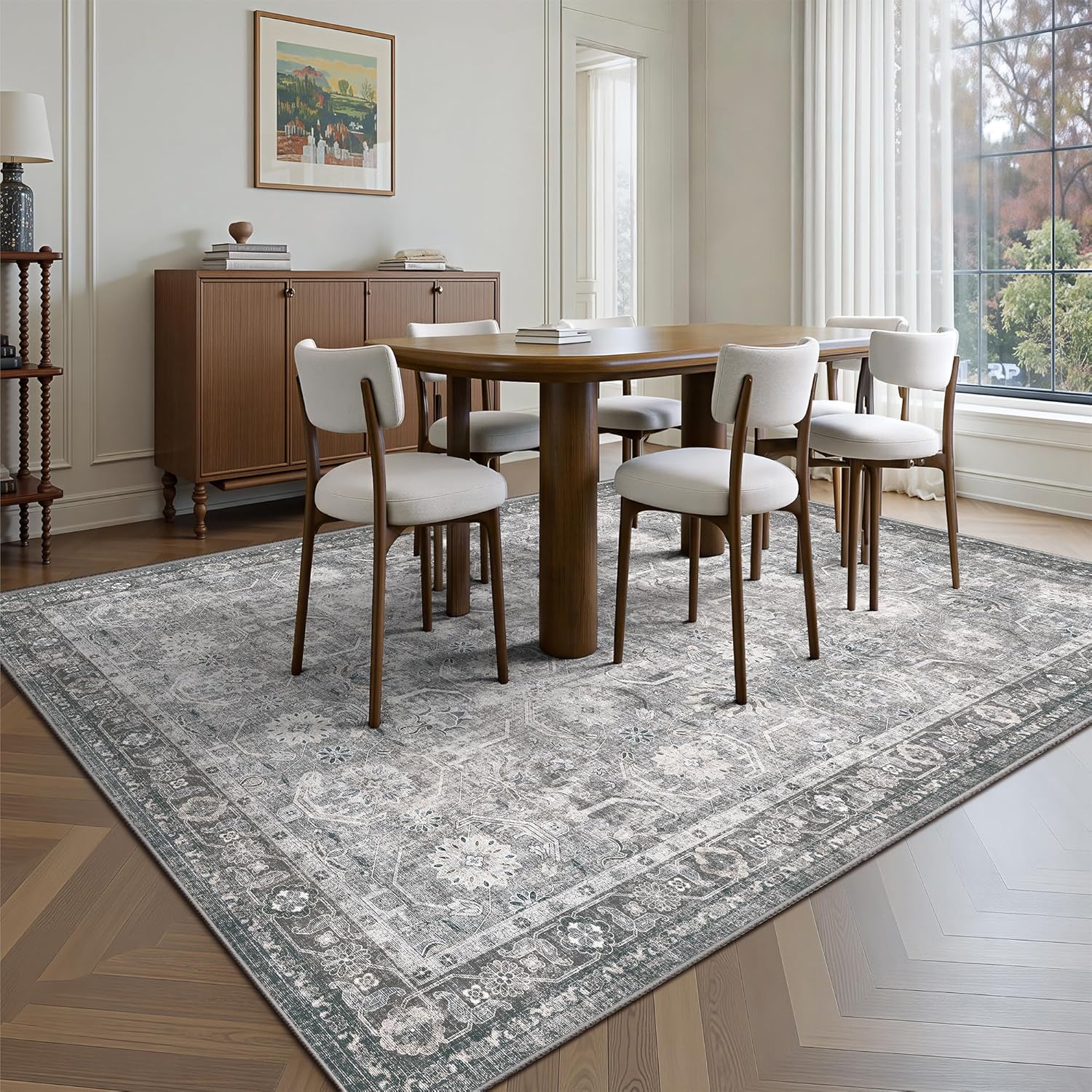 5x7 Area Rugs, Soft Non Slip Low Pile Washable Rug, Boho Modern Rug for Living Room, Bedroom, Dining Room, Distressed Grey