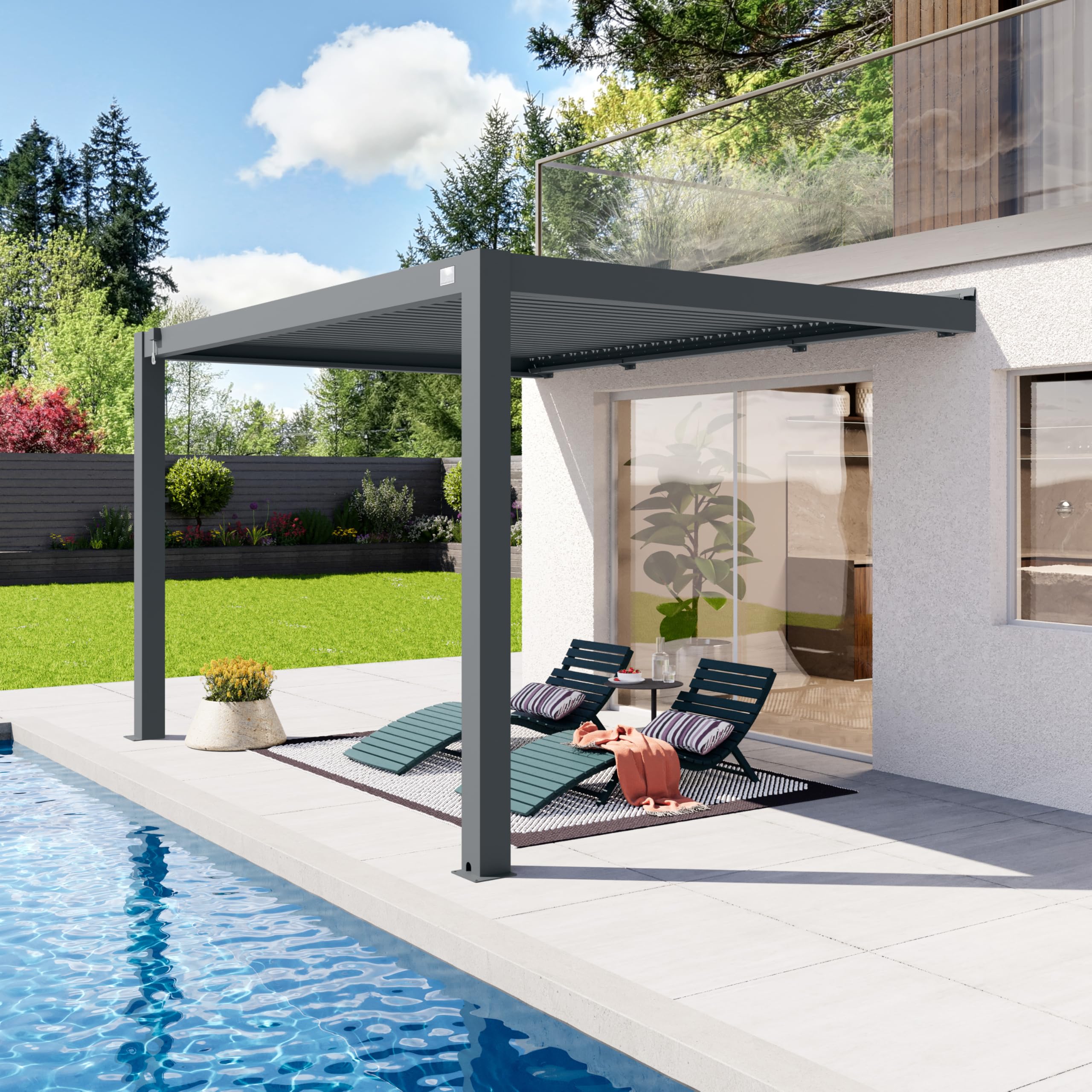 PRIMEYARD Pergola addossata 3x4 m montanti in alluminio con tetto a doghe in alluminio pergola a muro color antracite