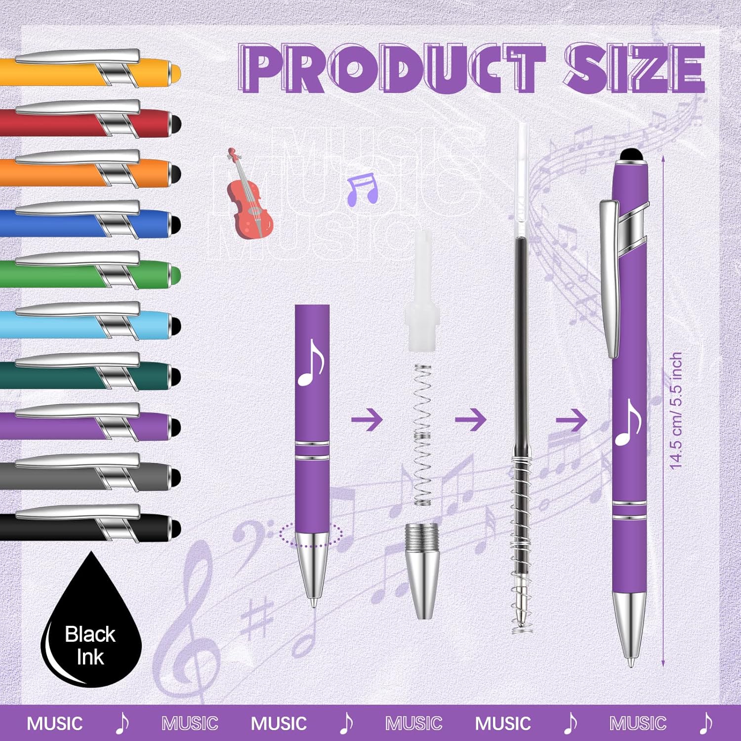 Teling 20 Pieces Music Note Ballpoint Pen Funny Stylus Ballpoint Pens Retractable Touch Screen Gift for Colleague Coworker - Image 2