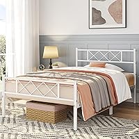 Vista 3 de Topeakmart Base de cama individual blanca, plataforma de metal con cabecera y estribo, base de colchón, no necesita somier, con almacenamiento Blanco