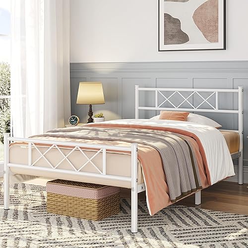 Miniatura 3 de Topeakmart Base de cama individual blanca, plataforma de metal con cabecera y estribo, base de colchón, no necesita somier, con almacenamiento