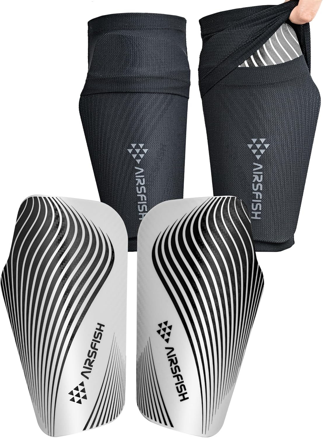 Soccer Shin Guards for Kids Adults, CE Certified Shin Pads Sleeves Defender Protection Gear with Insert Pocket EVA Cushion Reduce Shocks and Injuries for Boys Girls Men (WhiteBlack, Medium)