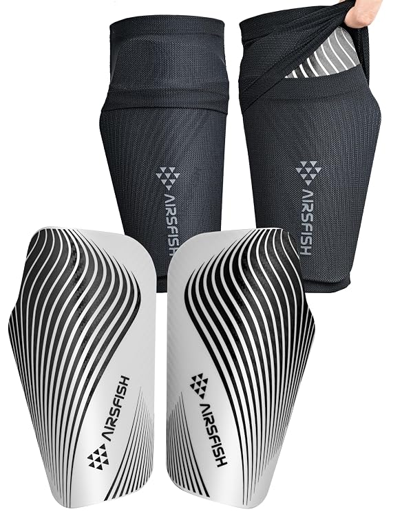 AirsFish Shin Guards Soccer for Kids and Adult, CE Certified Soccer Shin Pads with Insert Pocket Sleeves, Professional, Breathable and No-Slip, Shin Defender for Youth Boy Girl Woman Man White Black by AirsFish - Used condition - CA$11.05
