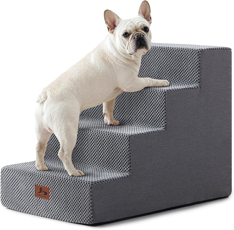Escada para Cães e Gatos com 4 Degraus, Espuma 30D e Capa Lavável Warmrest Cinza – 45,72 cm