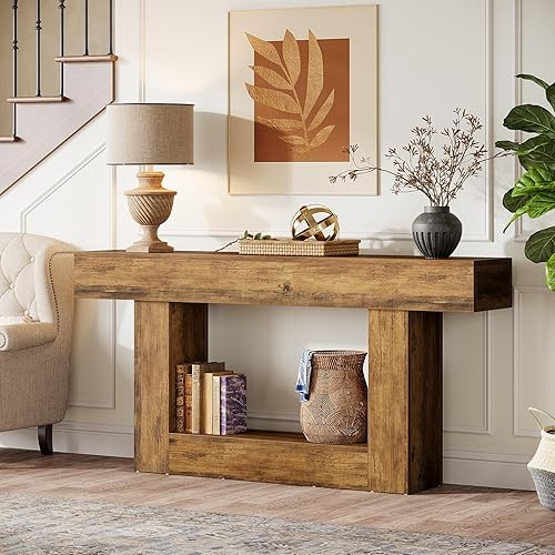 Miniatura 5 de Tribesigns Mesa consola de 63 pulgadas de largo, mesa de entrada de 2 niveles con almacenamiento, mesa de madera de granja detrás del sofá para sala