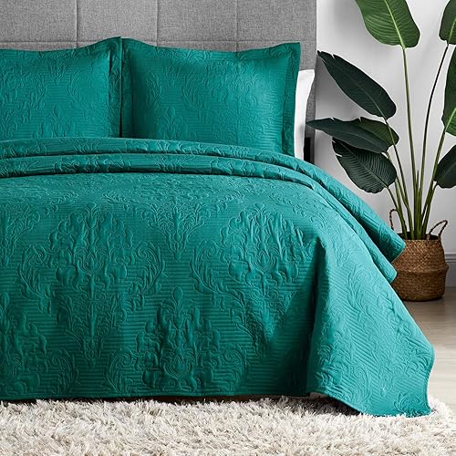 Hansleep - Juego de edredón verde azulado tamaño King, colcha ultrasónica con diseño damasco para todas las estaciones, juego de ropa de cama suave