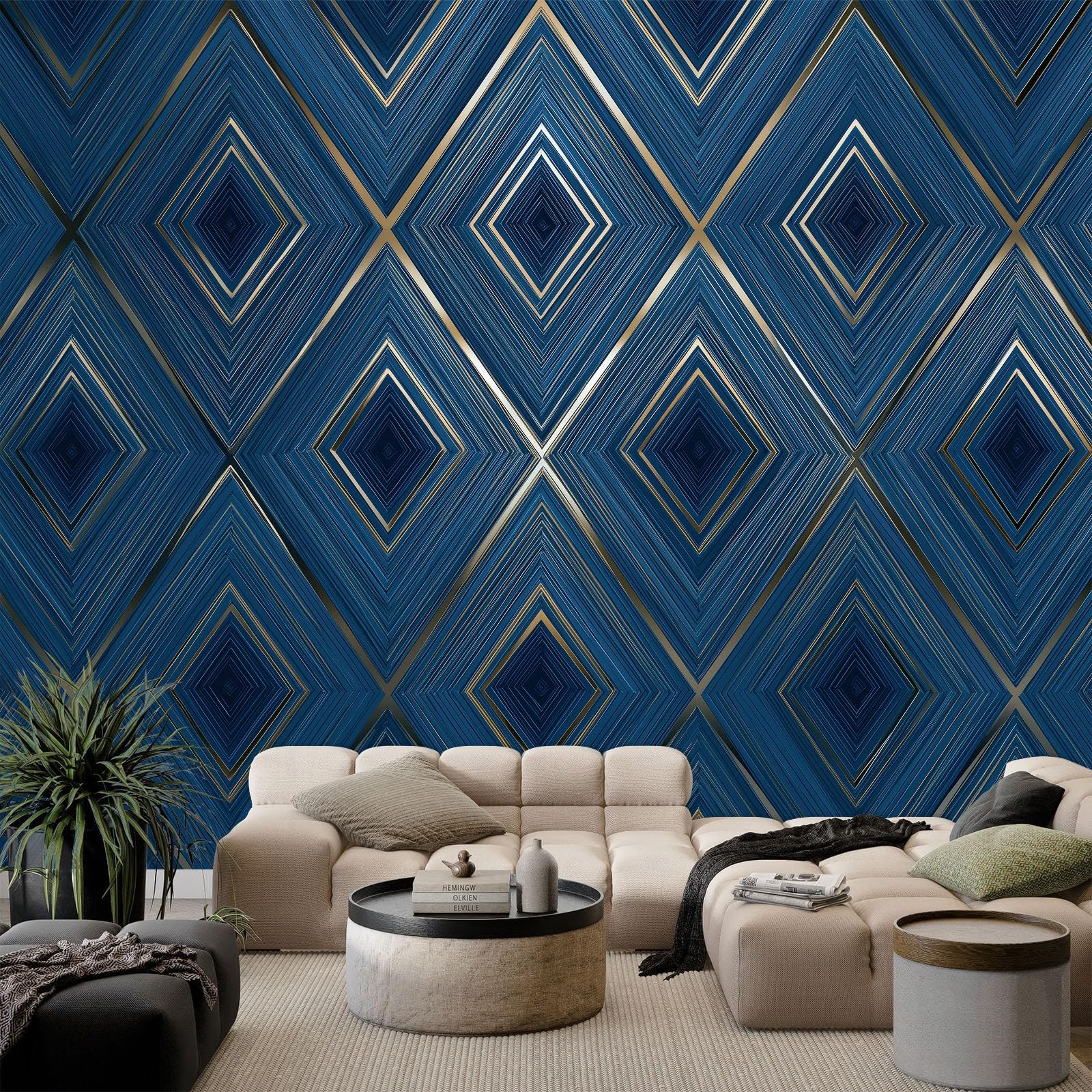 Papel pintado Panorámico Combinación de Rombos Geométricos 300 x 210 cm Fresco de pared, diseño simétrico no tejido de pared moderno – para salón dormitorio infantil restaurante papel pintado no