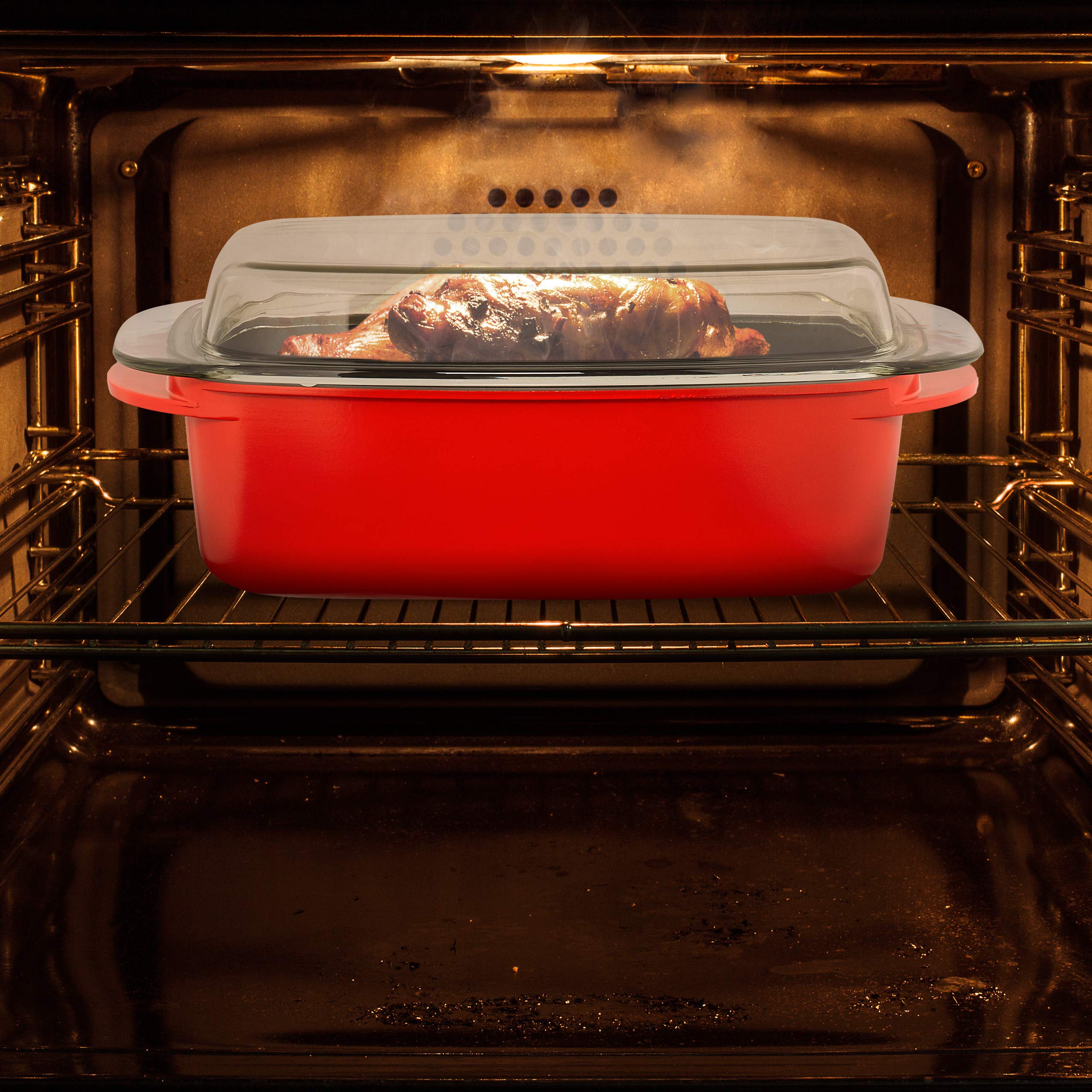 Relaxdays Fuente de Horno con Tapa, Antiadherente, Cazuela, Aluminio Fundido y Cristal, Apto para Lavavajillas, Rojo