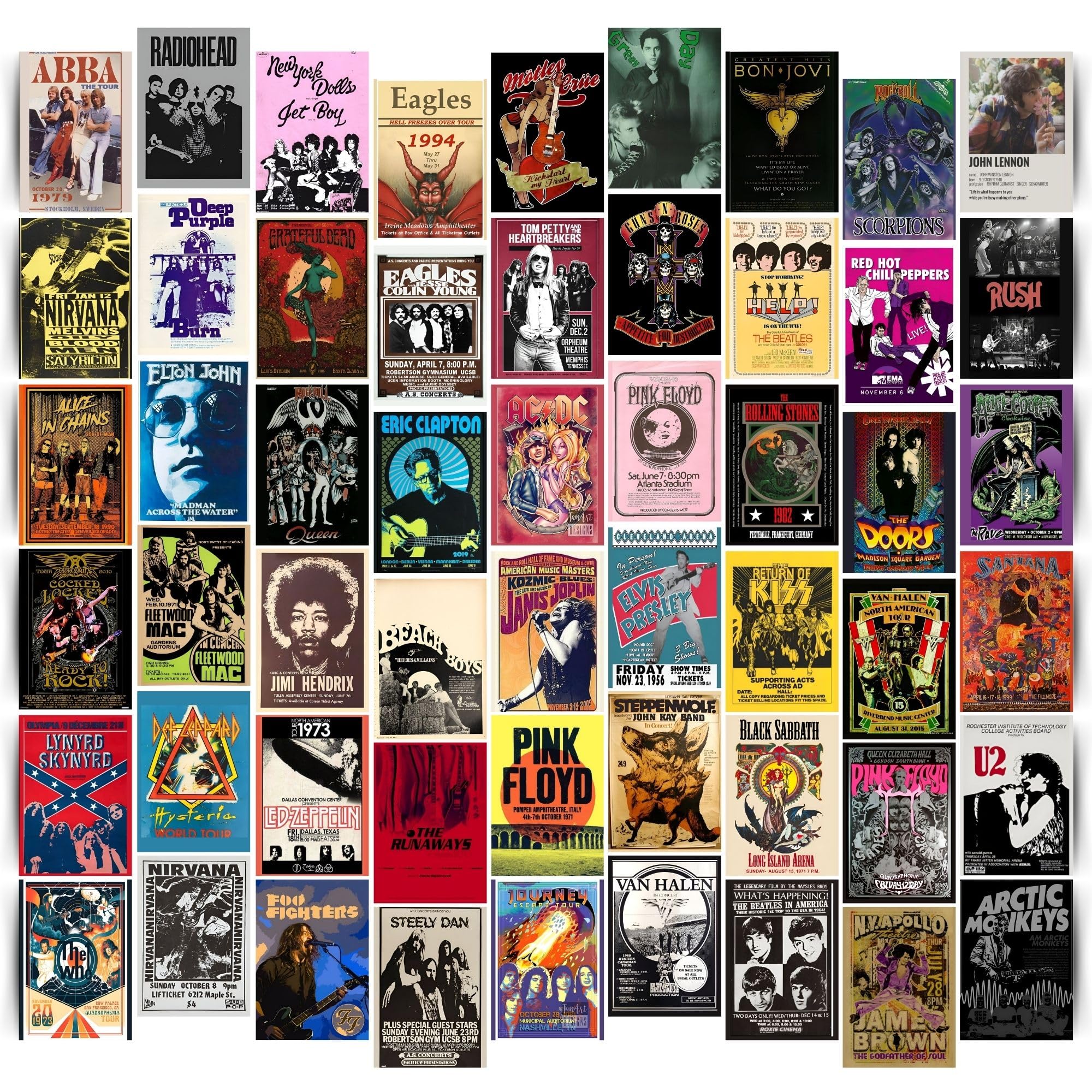 Posters Inc Paper Pack Of 54 Rock Band Vintage Stickers For Bedroom,Music Poster For Wall,Collection Of World Tour Concert Light Show Photos Of Favourite Idol,4*6 Inch Not Framed,Glue Dots Included