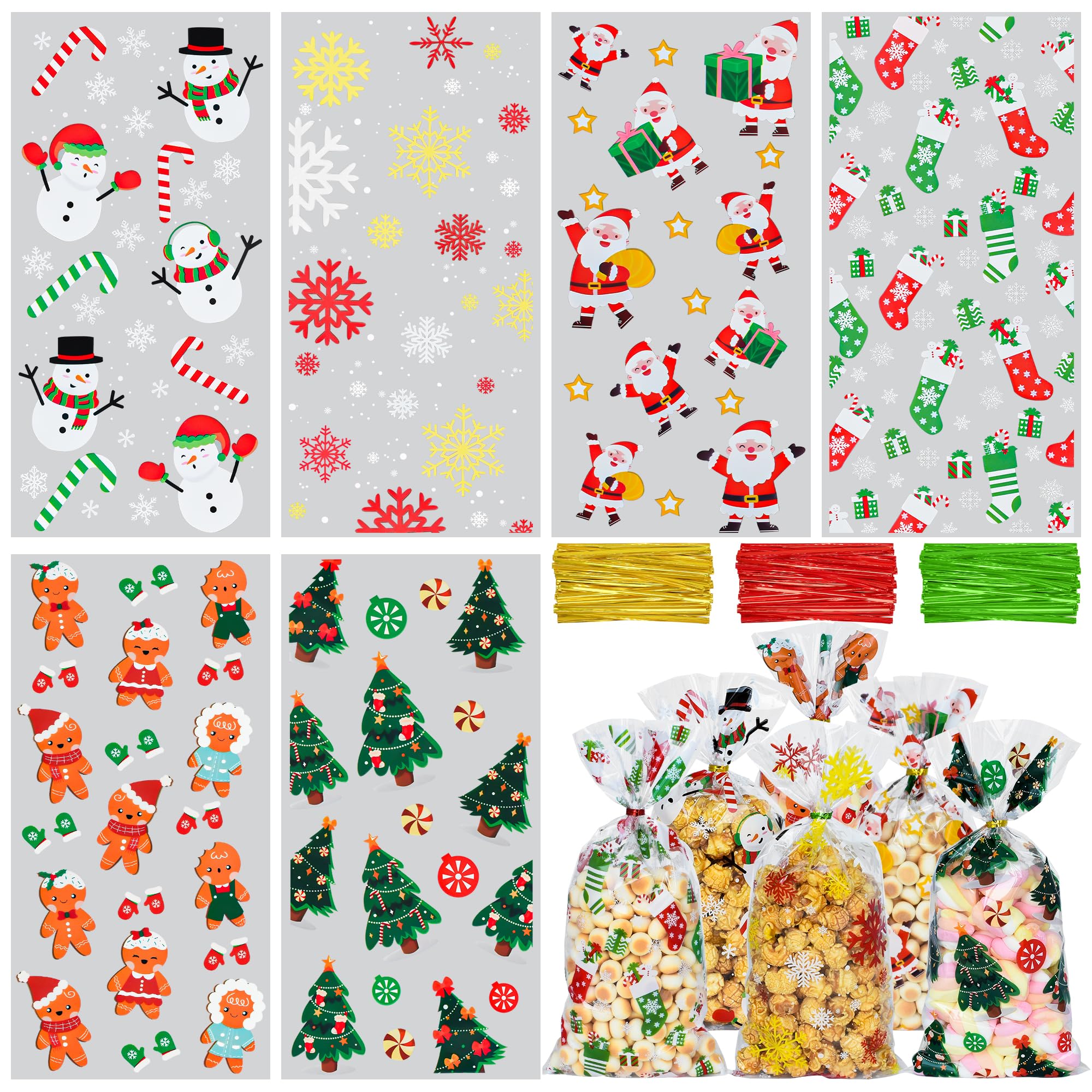 Twavang 120 Pcs Christmas Cellophane Treat Bags, Xmas Gift Candy Goodies Bags with 140 Pcs Twists for Snacks Cookies Packing (10.6 x 5.1 inches)