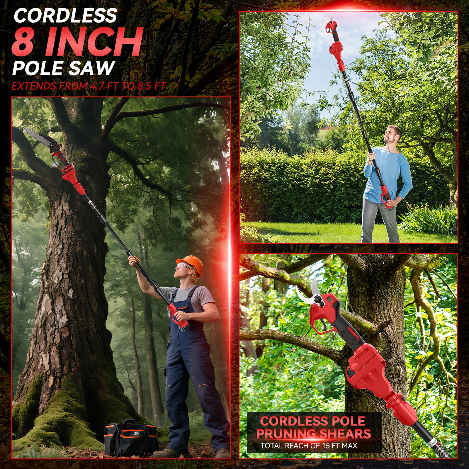 8 Pollici Motosega a Batteria Telescopica & 28 mm Forbici Potatura | per Milwaukee M18 18 V Batteria, 4-in-1 Kit Motosega e Forbici, Portata Massima Fino a 4,5 m