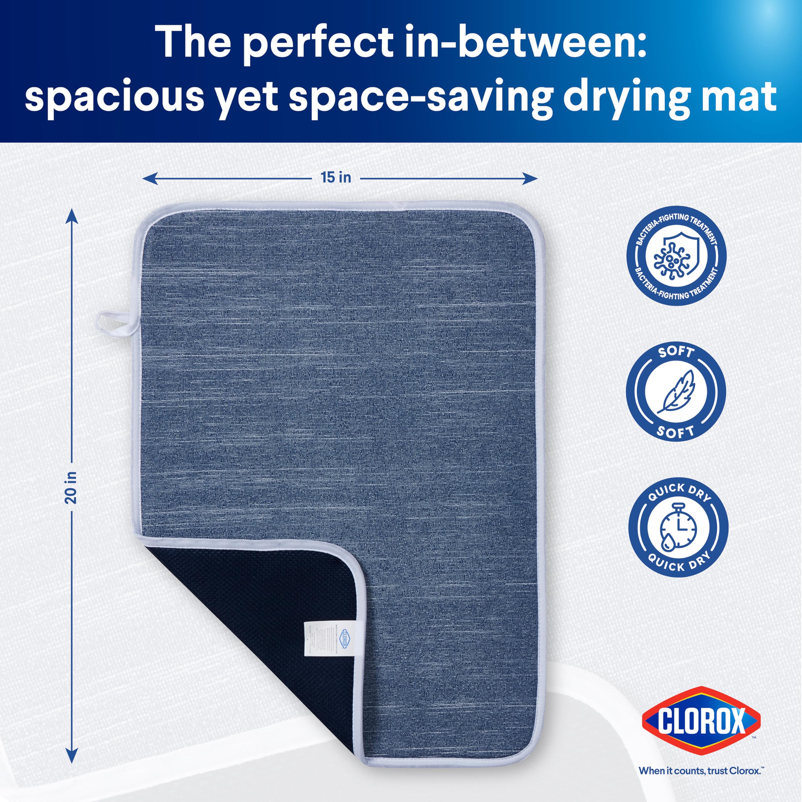 Clorox Heathered Drying Mat - 100% Polyester Ultra Absorbent Microfiber, For Drying and Draining Dishes at Kitchen Sink - 15