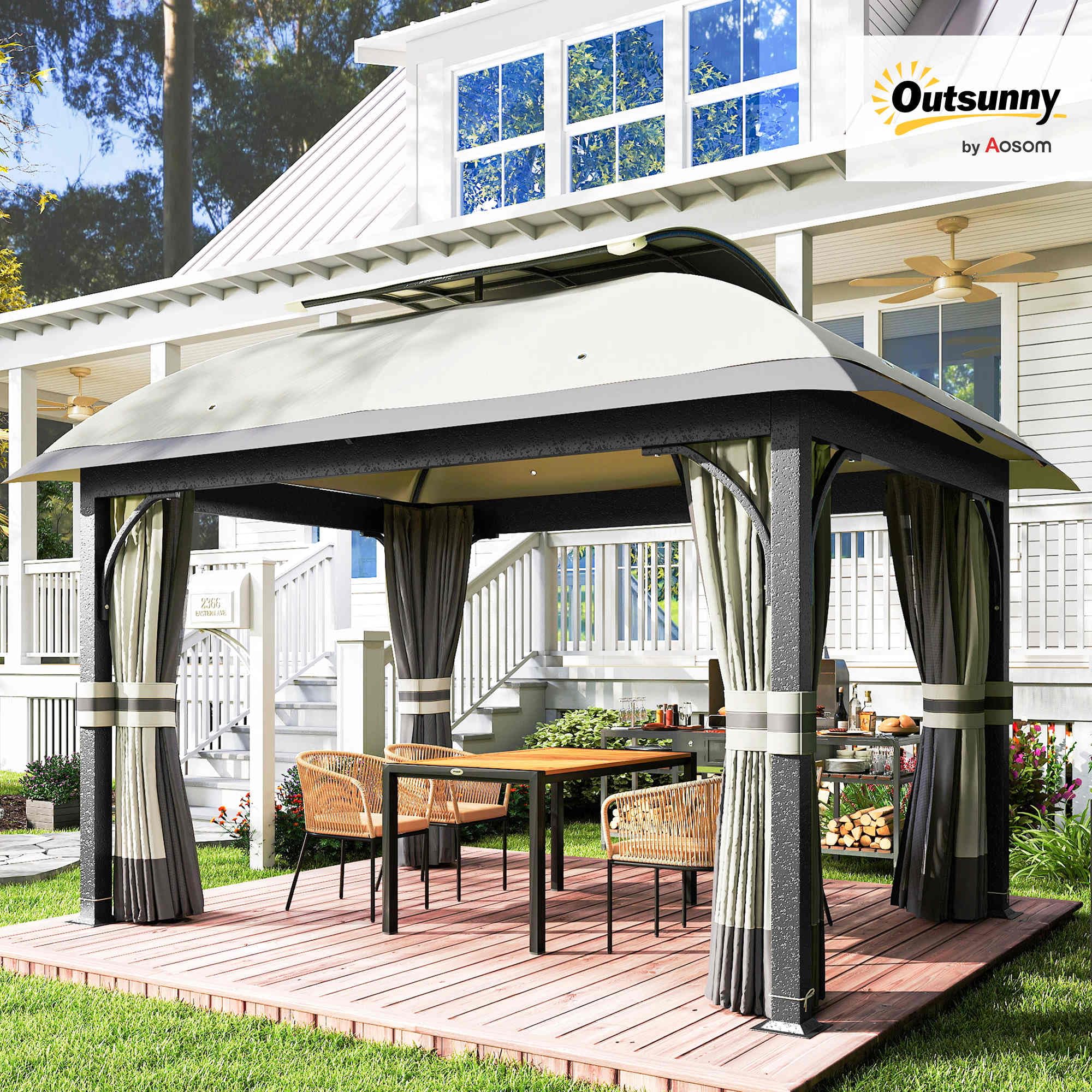 Outsunny Pavillon mit Doppeldach, 4x3,3 m, wasserabweisend und stabil, Winterfest Gartenpavillon aus verzinktem Metall mit Moskitonetz und Seitenteilen, für Garten oder Terrasse, Hellgrau