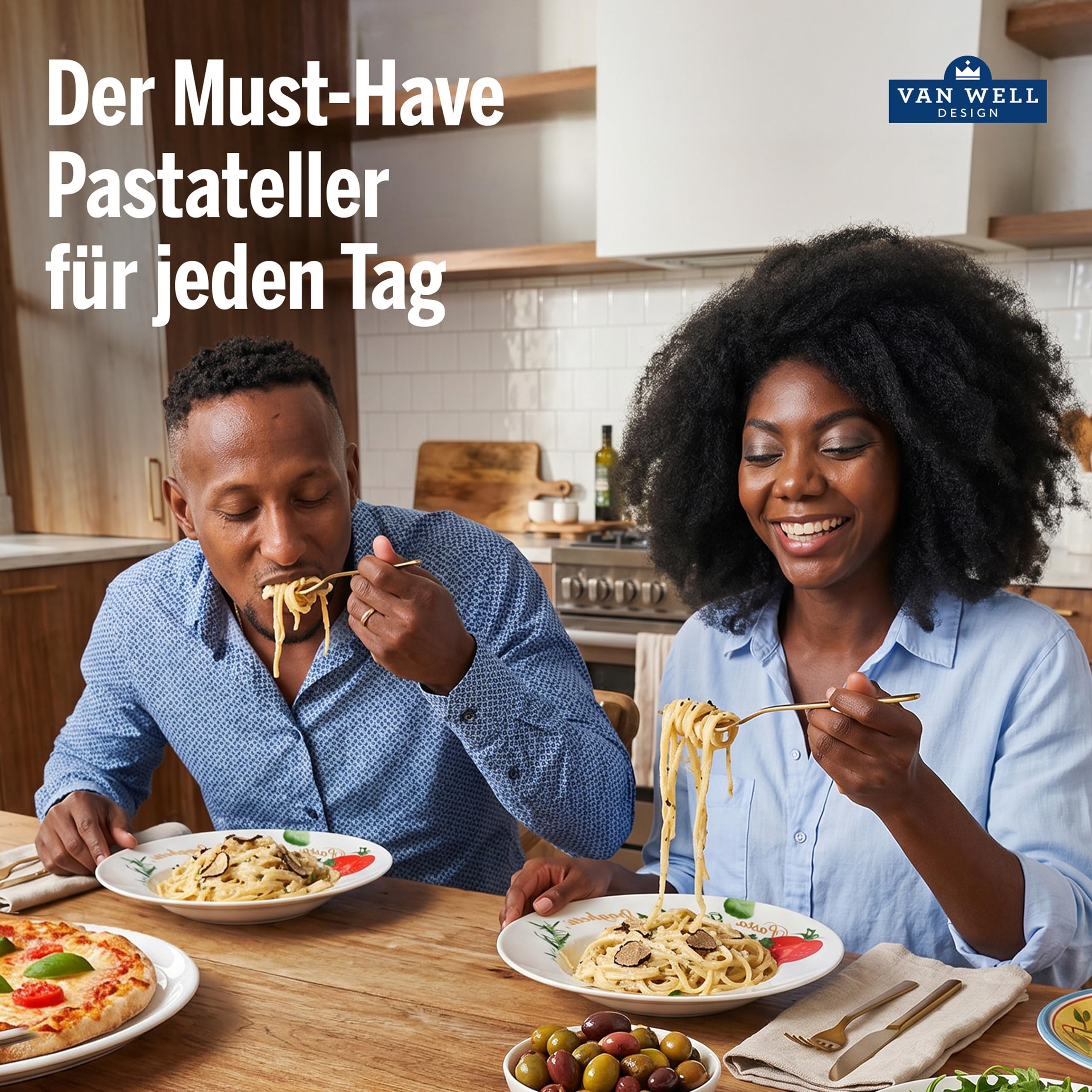Van Well Milano Pastateller 6er-Set Ø 27 cm – Porzellan Pasta Teller im Milano-Stil – Tiefe Teller für Pasta, Bowls & als Suppenteller – Service & Geschirrset 6 Personen – Robustes Porzellan-Geschirr