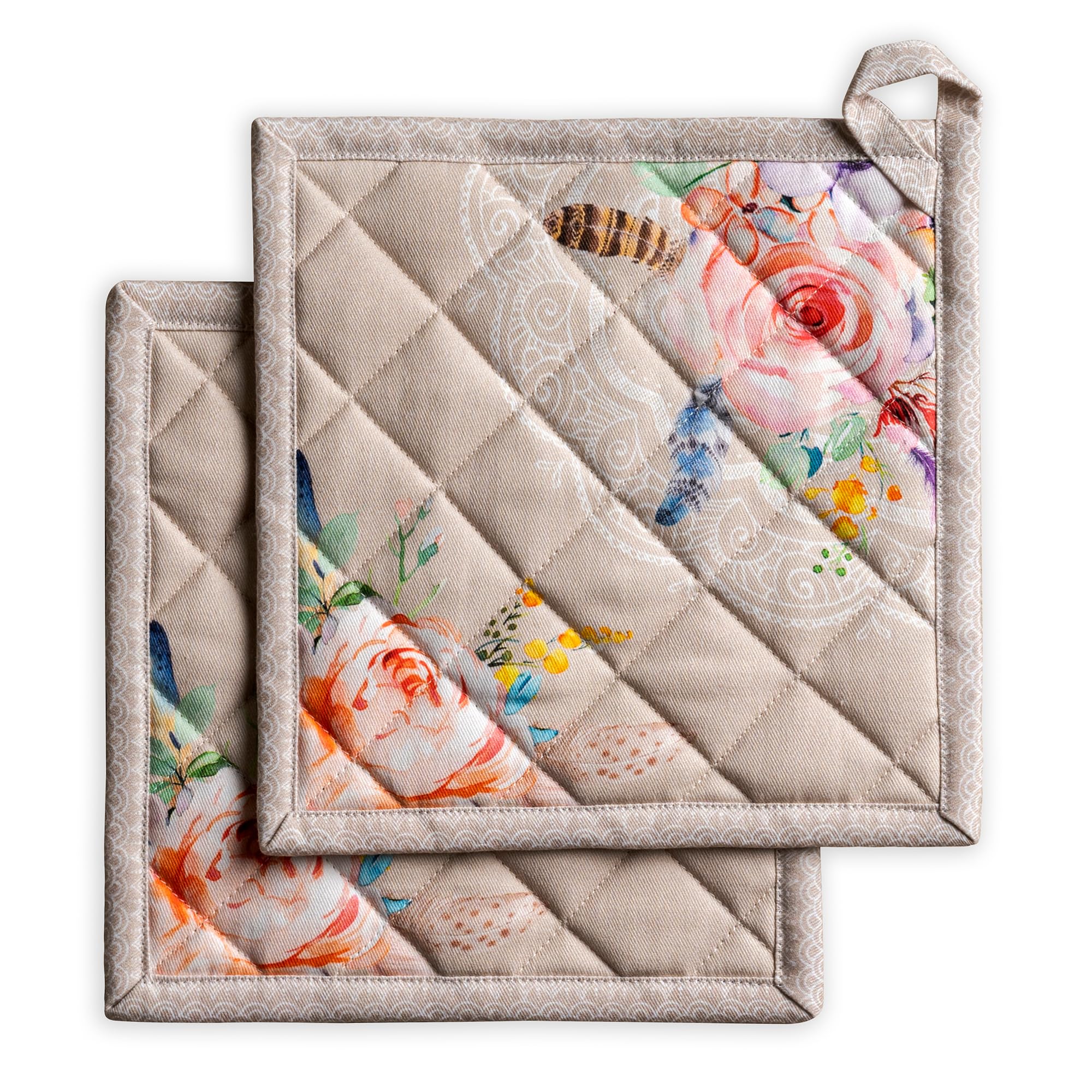 Maison d' Hermine Ibiza Set of 2 Pot Holders 100% Cotton for Barbecue, Baking, Oven, Microwave, Grilling, Spring/Summer, Easter (Beige, 20 cm x 20 cm)