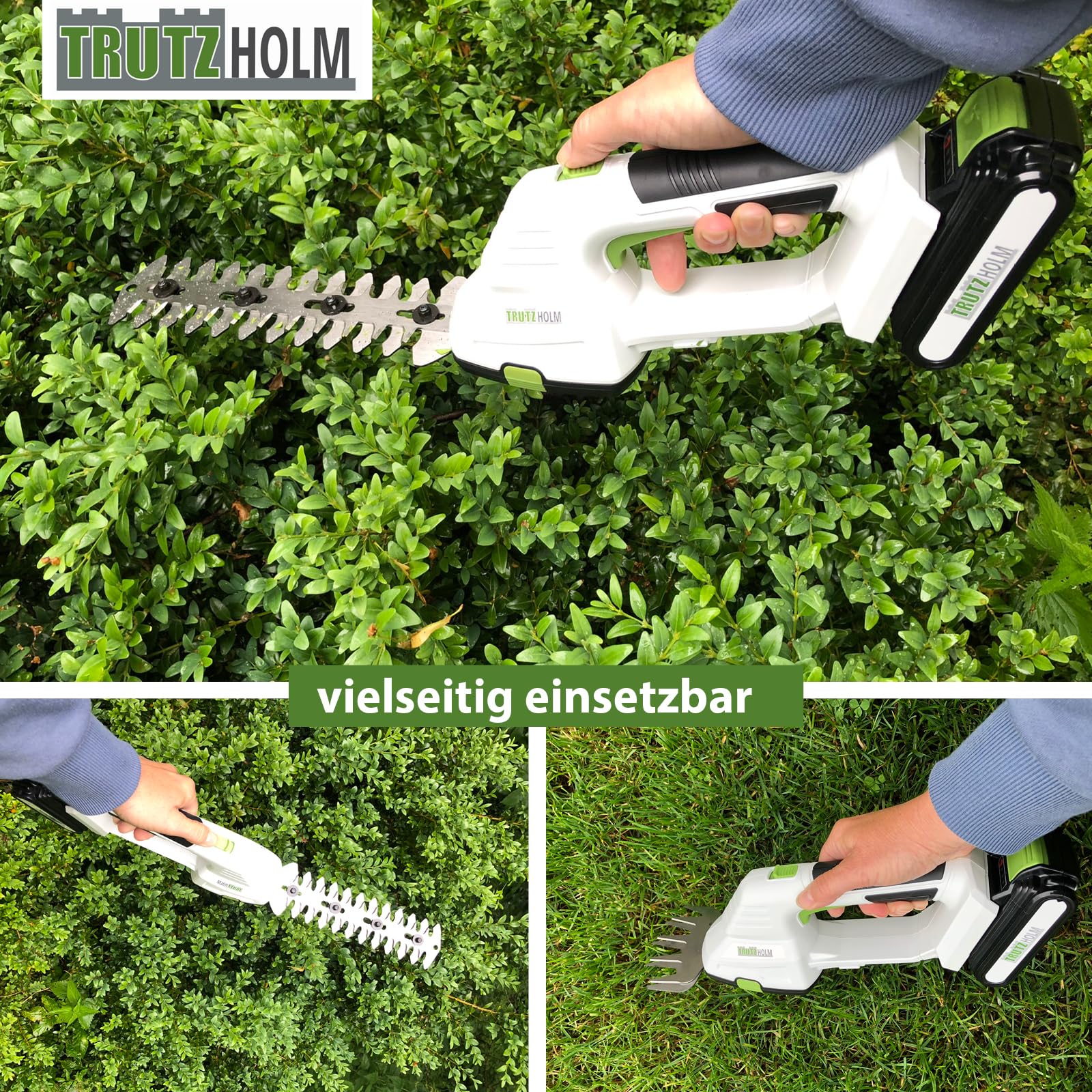 TRUTZHOLM 2-in-1 Akku Rasentrimmer mit 20V 2.0Ah L-Ionen, 10 cm Gras- und 20 cm Strauchklinge, Grasschere, Rasenkantentrimmer, Rasenschere, Strauchschere, Heckenschere und Ladegerät