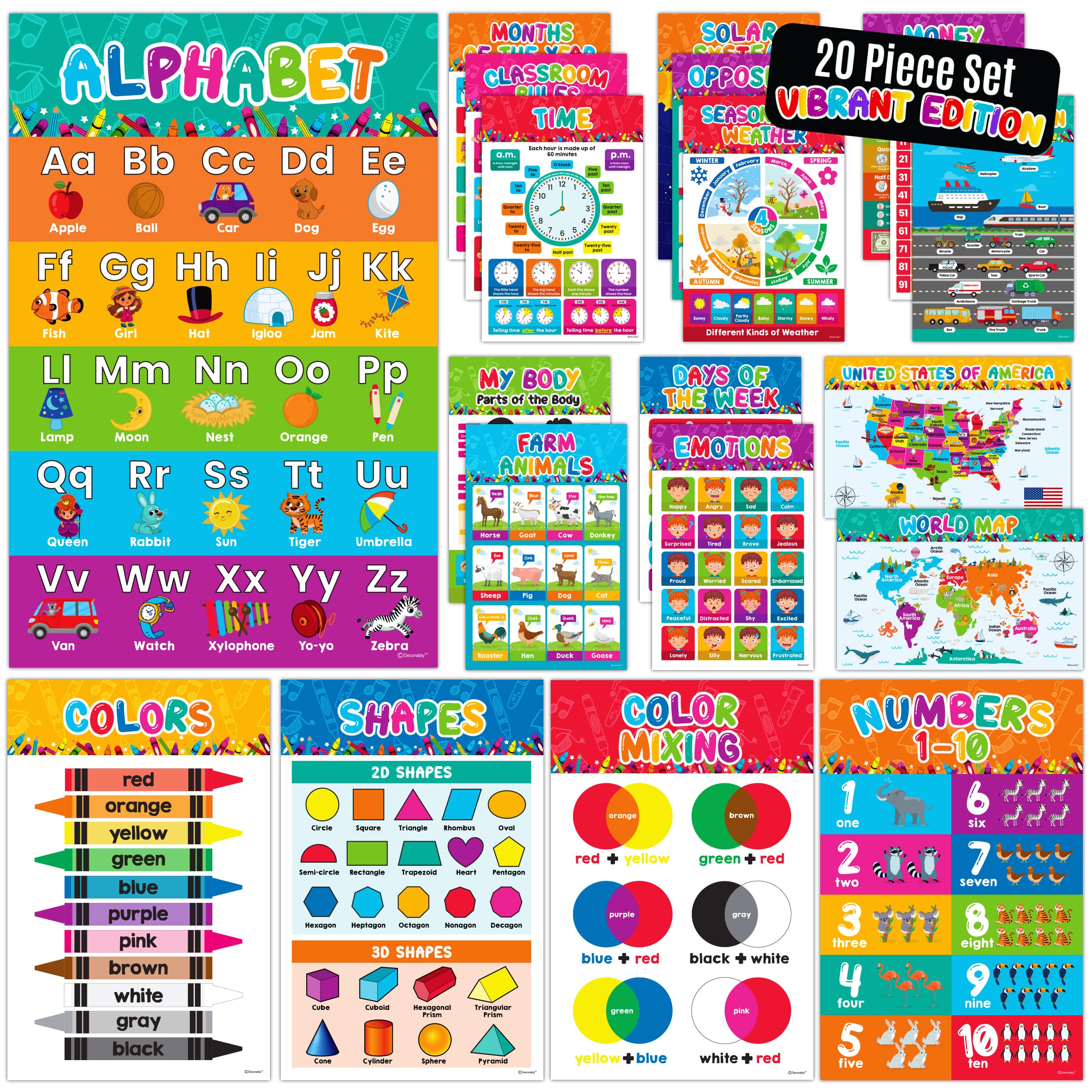 Decorably 20 Vibrant Learning Posters for Toddlers 1-3, 11x17in Matte-Laminated Educational Posters for Toddlers 1-3 and Up - Classrooms, Bulletin