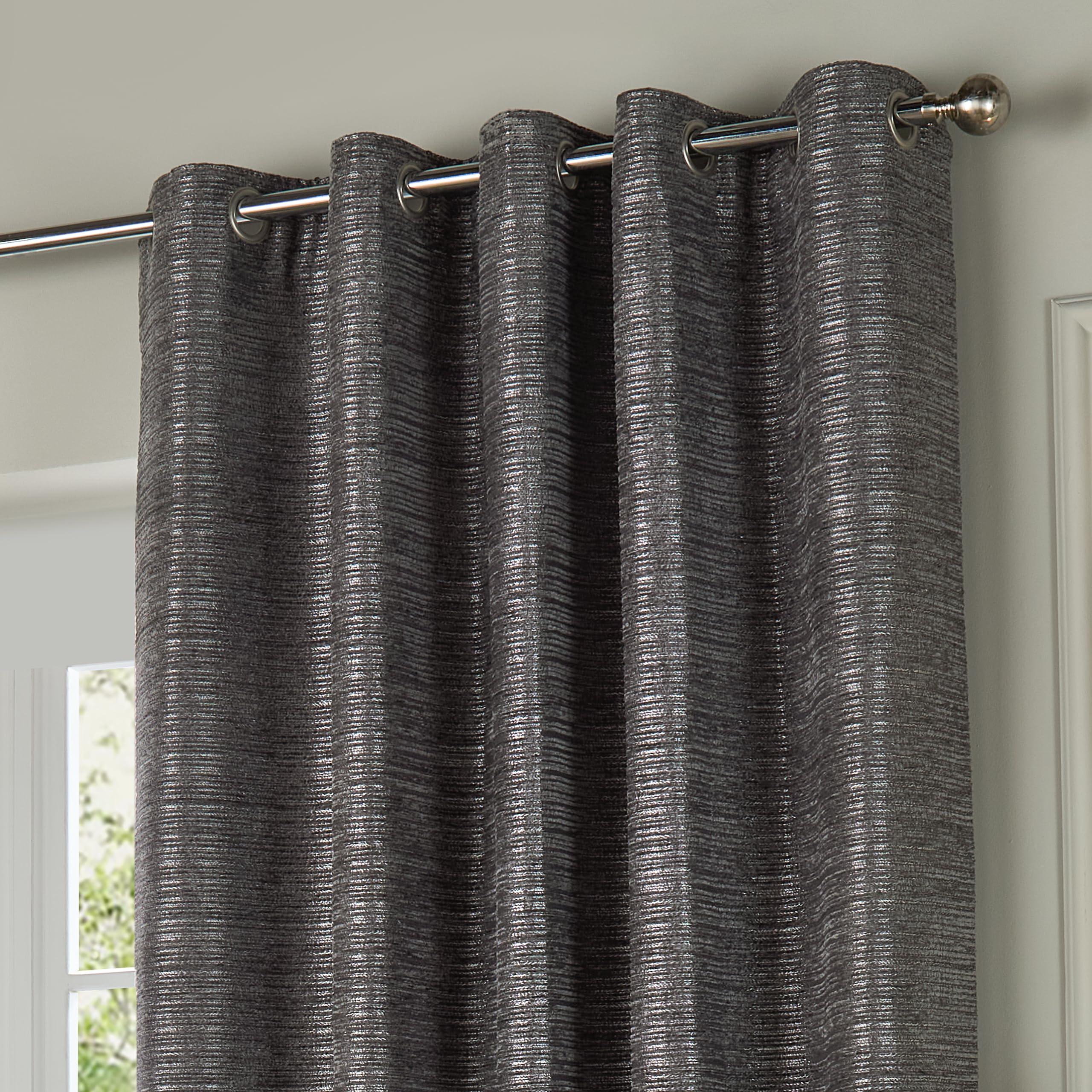 Paoletti Jupiter Room Darkening Eyelet Curtain Pair - Elegant Jacquard Chenille Lined Ring Top Drapes (Graphite - 117x183cm) - Image 3
