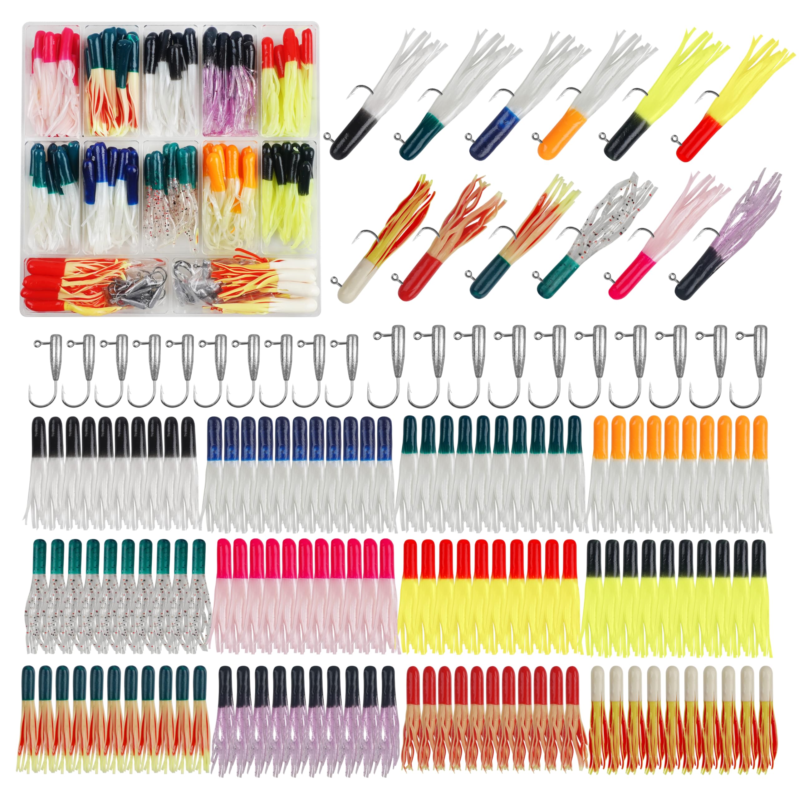 Crappie Jigs Kit with Tube Baits,Soft Plastic Crappie Lures Grub Worm Swimbaits and Tube Jig Heads Hook for Bass Panfish Trout Fishing Freshwater Saltwater
