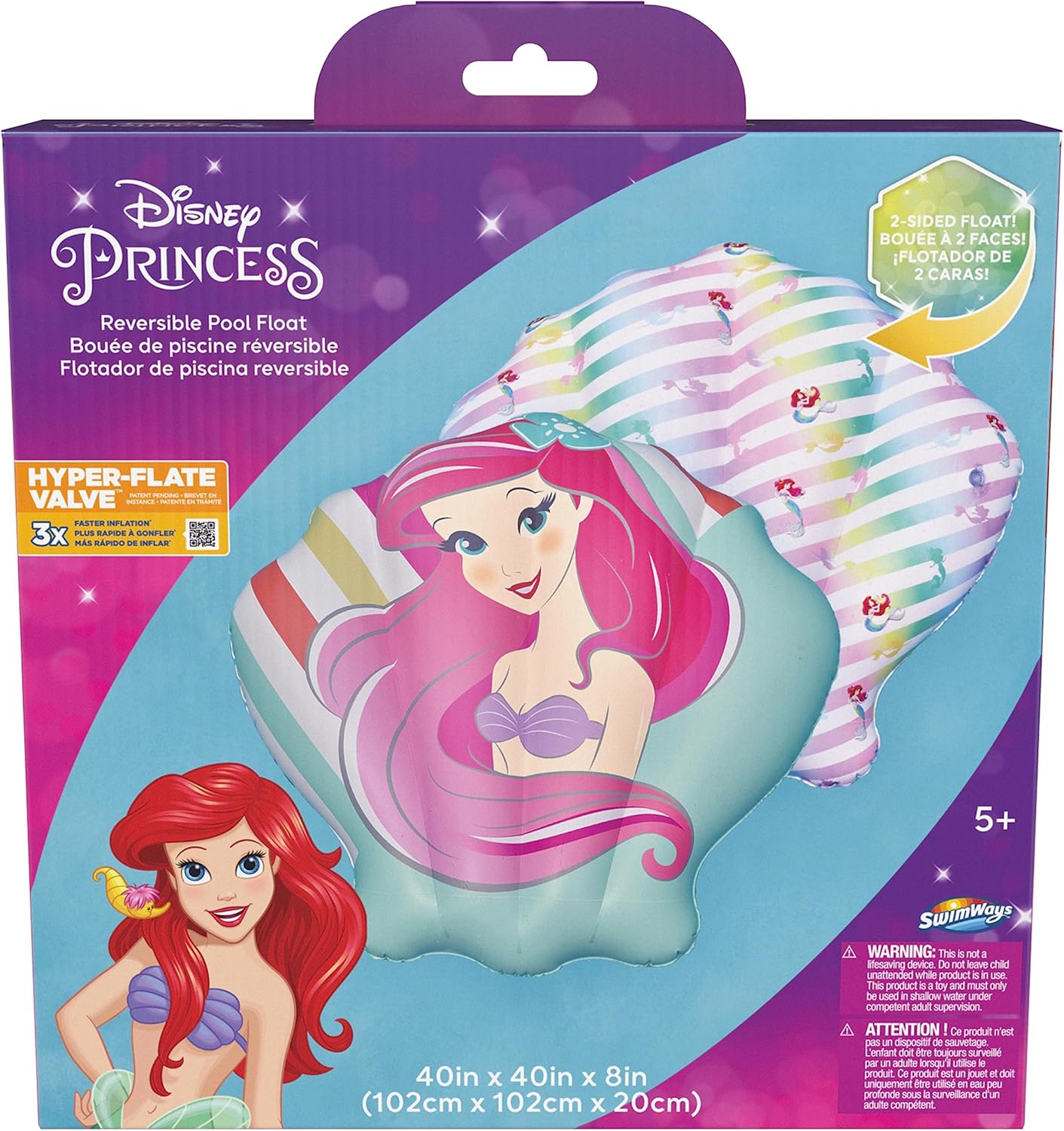 Swimways Disney Princess Ariel Reversible Boat, Inflatable Pool Floats & Kids Pool Toys, Swimming Pool Accessories & Beach Essentials for Kids Aged 5 & Up
