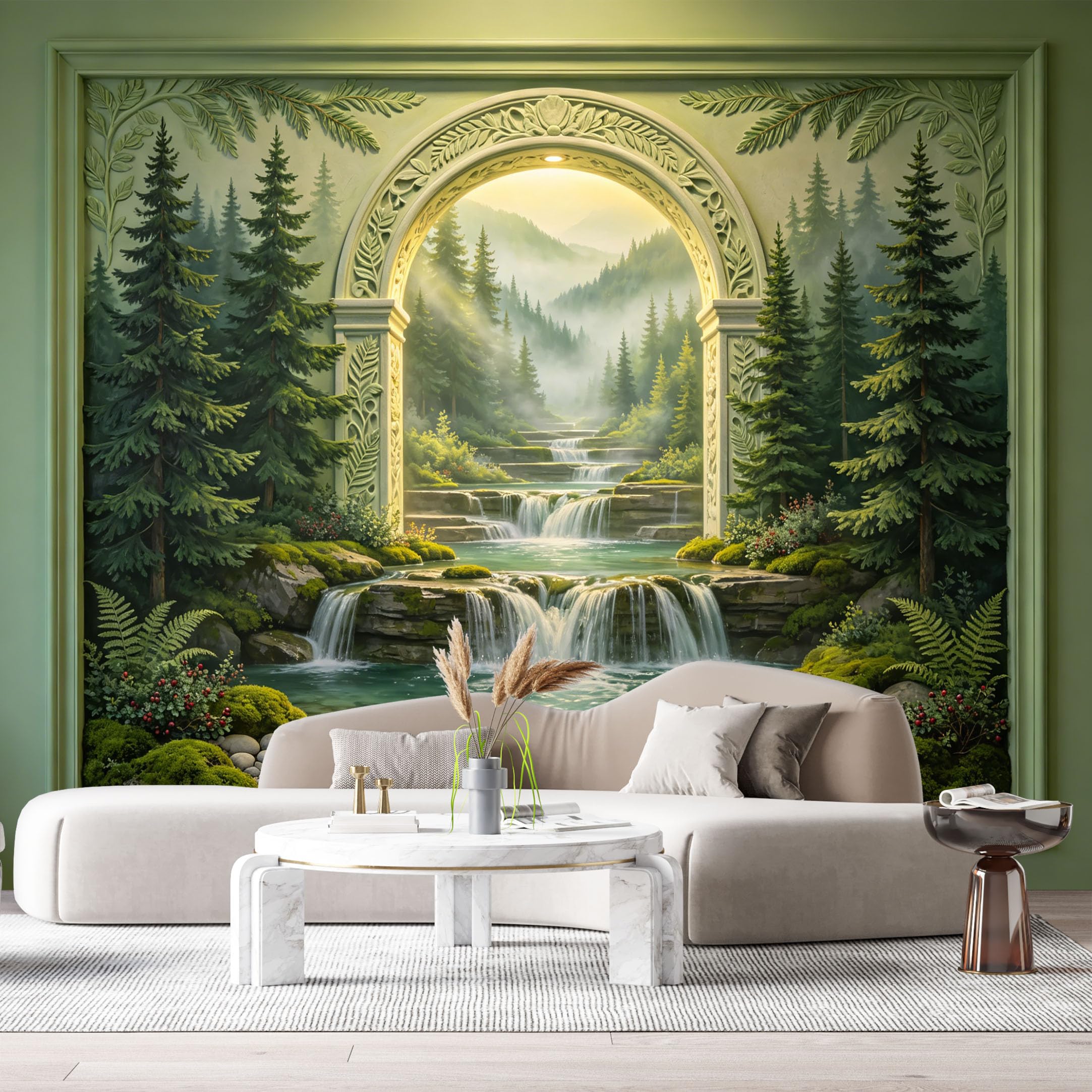 Custom Size Wall Mural Mountain Waterfall Forest Archway 3D Trompe L'Oeil SelfAdhesiveWall Fabric Removable Wallpaper Wall Decor for Living Room Bedroom Bathroom