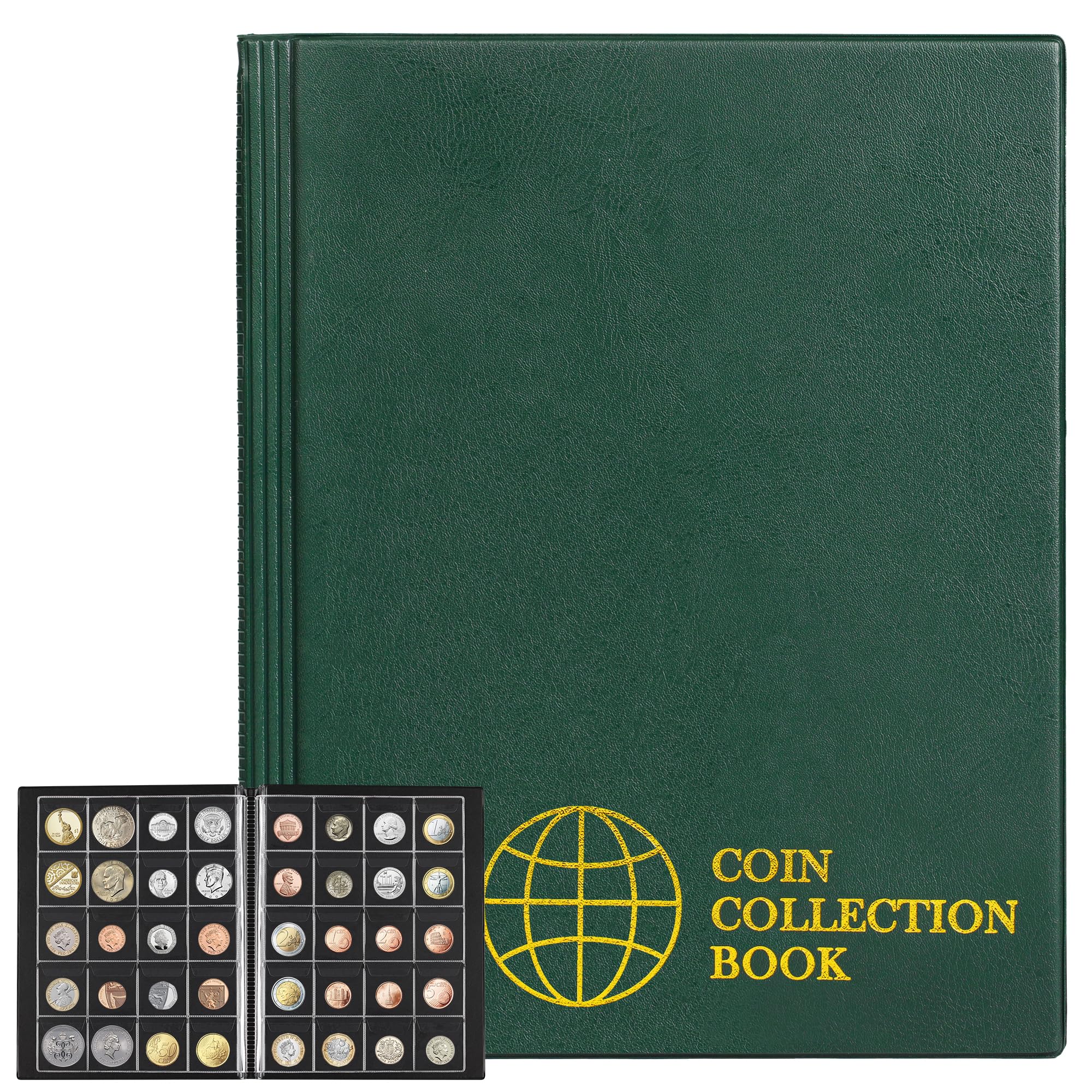 Uncle Paul 200 Pockets Coin Collection Albums - 45x45 mm Grid Coin Collecting Storage Book Holder 10 Sheets Green CS0220GR