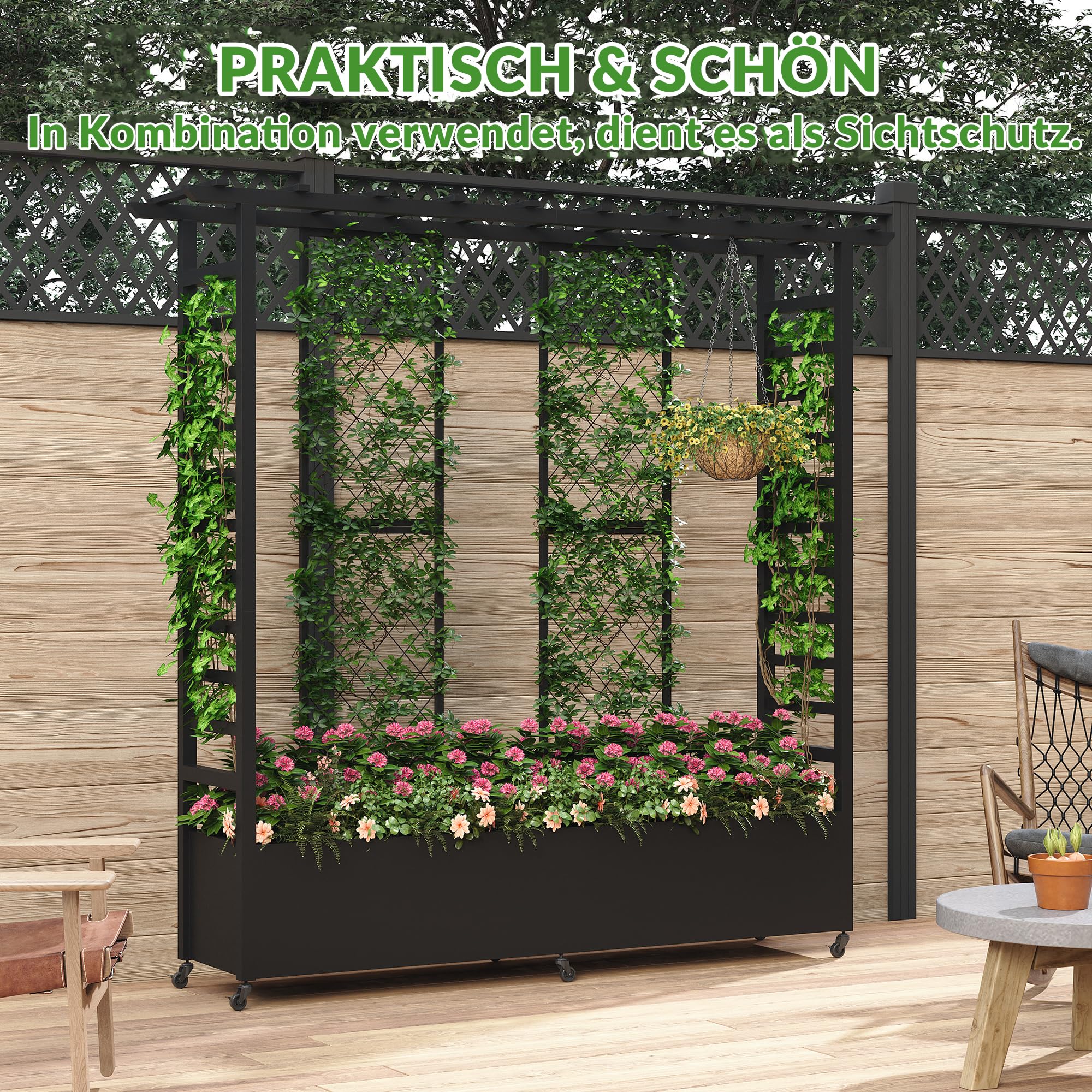 Hochbeet mit Rankgitter und Hängedach, freistehender Metall-Pflanzkasten mit Rollen, mobiler Pflanzkasten für drinnen und draußen für Kletterpflanzen, Blumen, für Garten, Terrasse und Hof