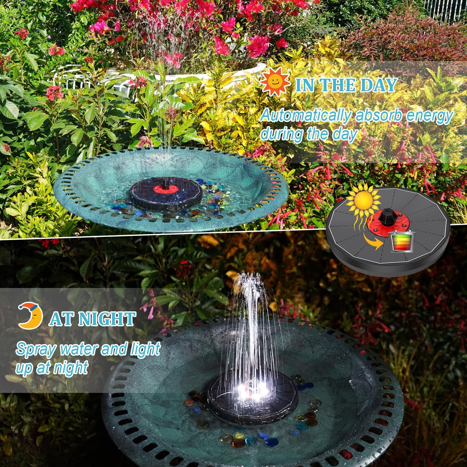 Solar Bird Bath Fountain,Upgrade 3.5W Glass Panel Solar Fountain with 2200mAh Backup Battery, White LED Lights, 8 Spray Modes, 4 Fixed Rods for Garden, Pond, Pool,Patio Outdoor Water Feature