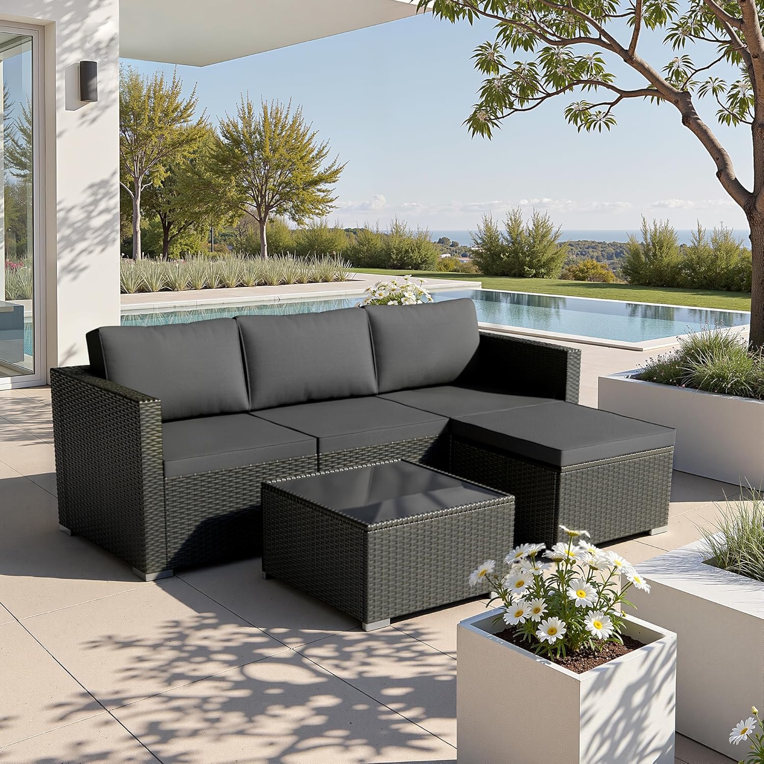 WWR Patio Furniture Set- All-Weather, Thick Cushions & Wide Armrests -5 Piece Outdoor Patio Conversation Couch Sets, Wicker Rattan Outdoor Sectional Sofa for Garden, Patio, Poolside