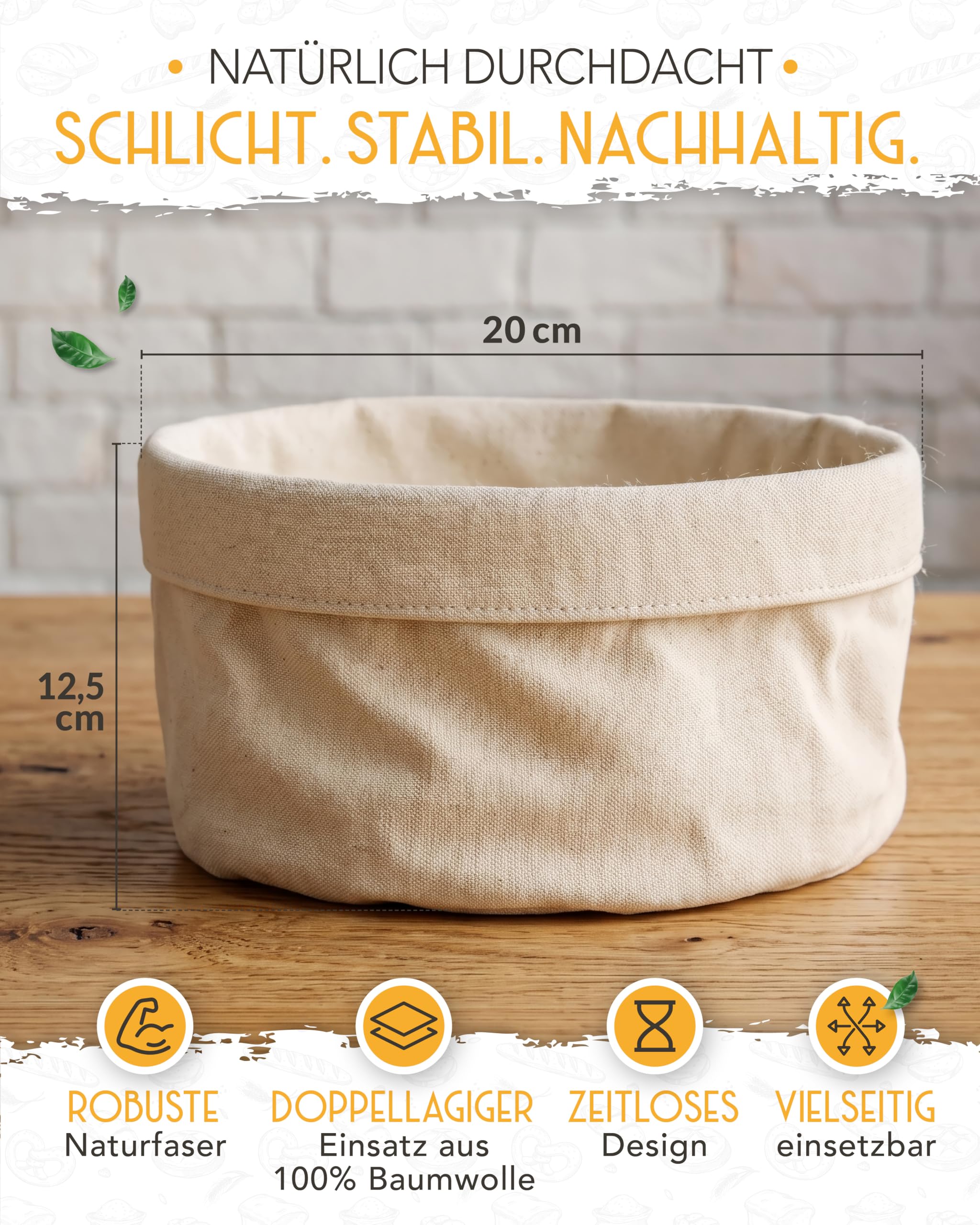 KRUSTENZAUBER Nowoczesny koszyk na pieczywo ze 100% bawełny – nadający się do prania koszyk na chleb i bułki, średnica 20 cm, do przechowywania chleba, śniadania, kuchni i stołu, praktyczny i stylowy