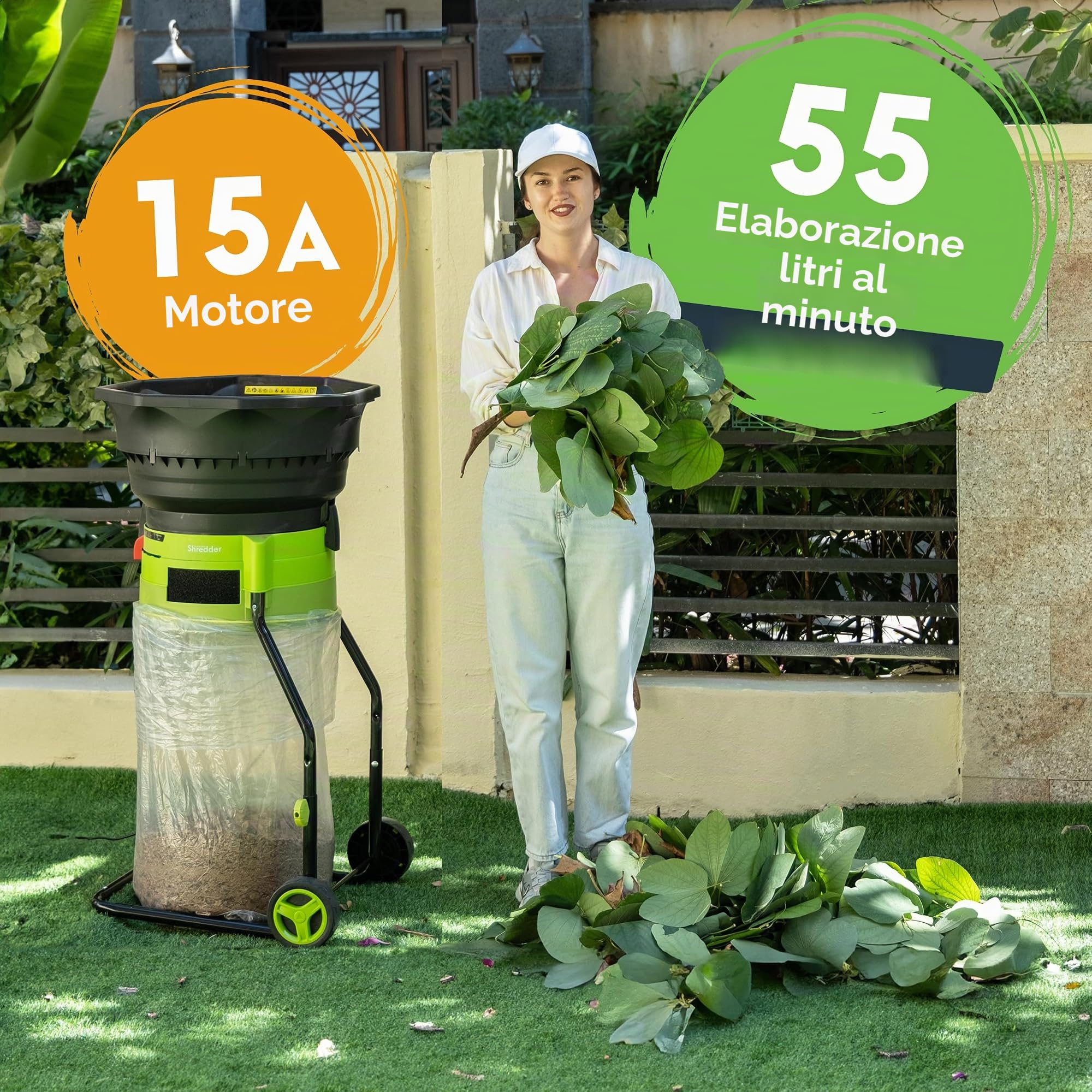 GreenSweep XL trinciafoglie e pacciamatore senza lama | Potente motore da 15 Amp, 9.000RPM per rapporto di riduzione 18:1