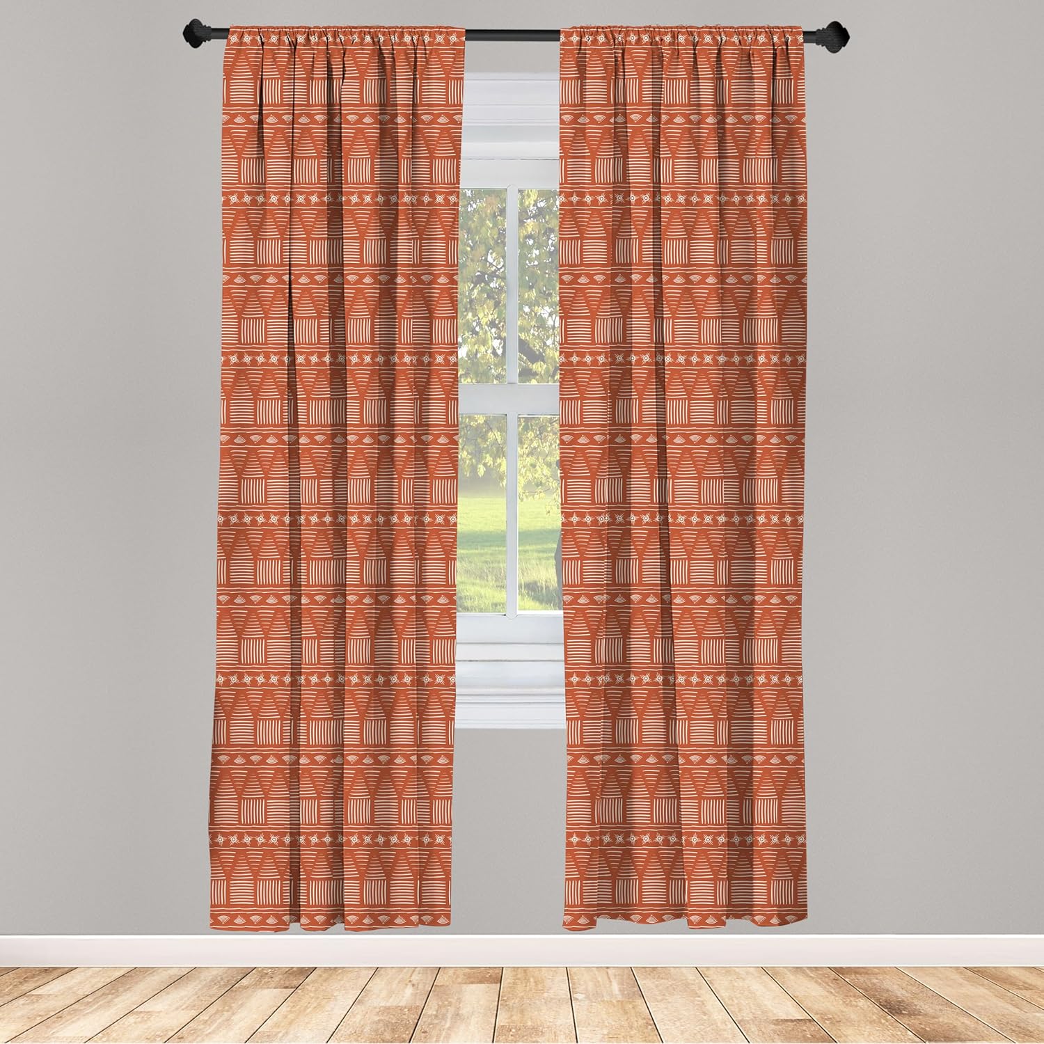 Lunarable Prehistoric Art Window Curtains, Rhythmic Inspiration Lines of Terra Cotta Motifs Abstract Theme, Lightweight Decor 2-Panel Set with Rod Pocket, Pair of - 28" x 84", Burnt Orange Champagne