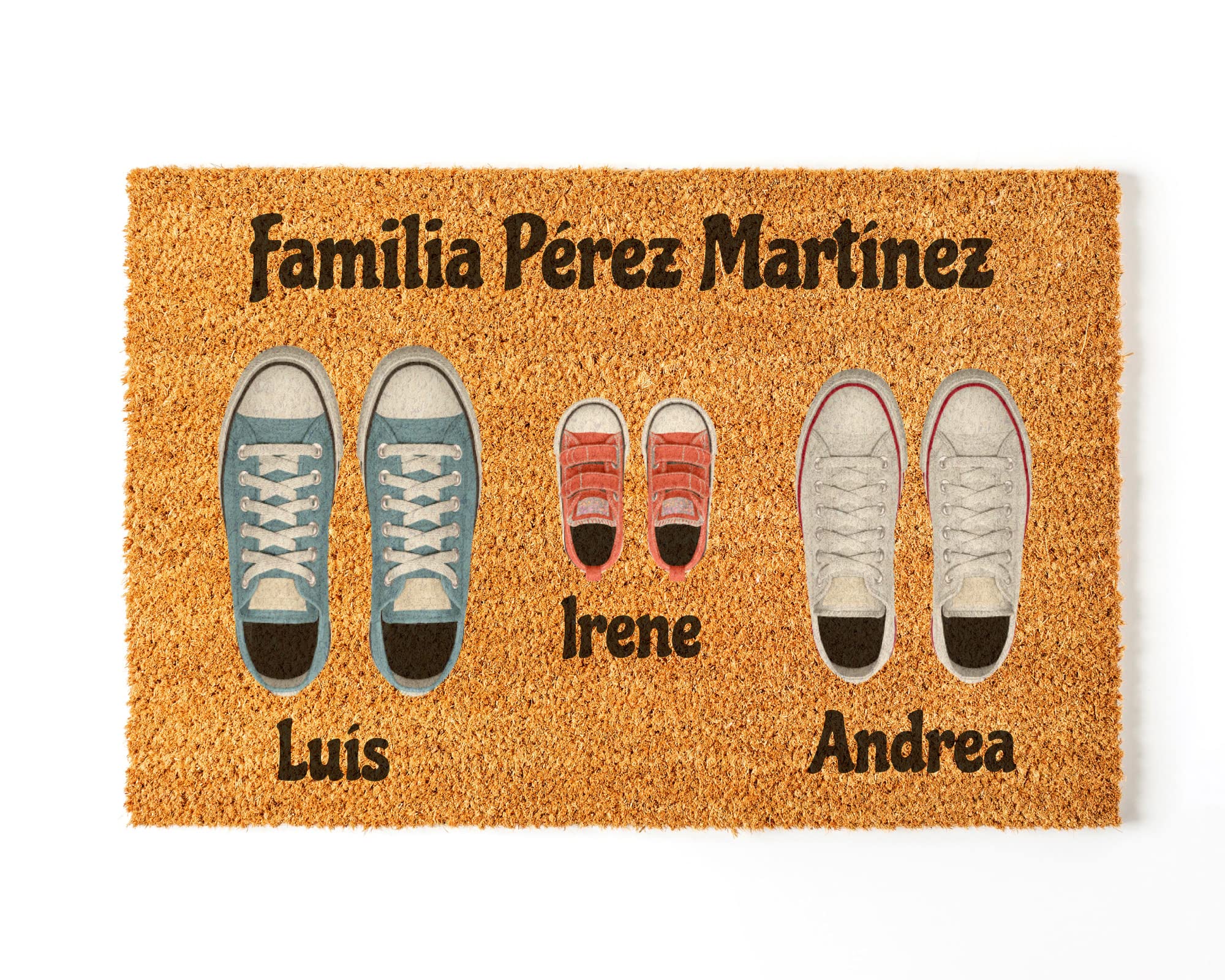NANNUK - Zerbino personalizzato in fibra di cocco, design con scarpe dei familiari, cambia il colore delle scarpe, dimensioni 70 x 40 cm (famiglia 3)