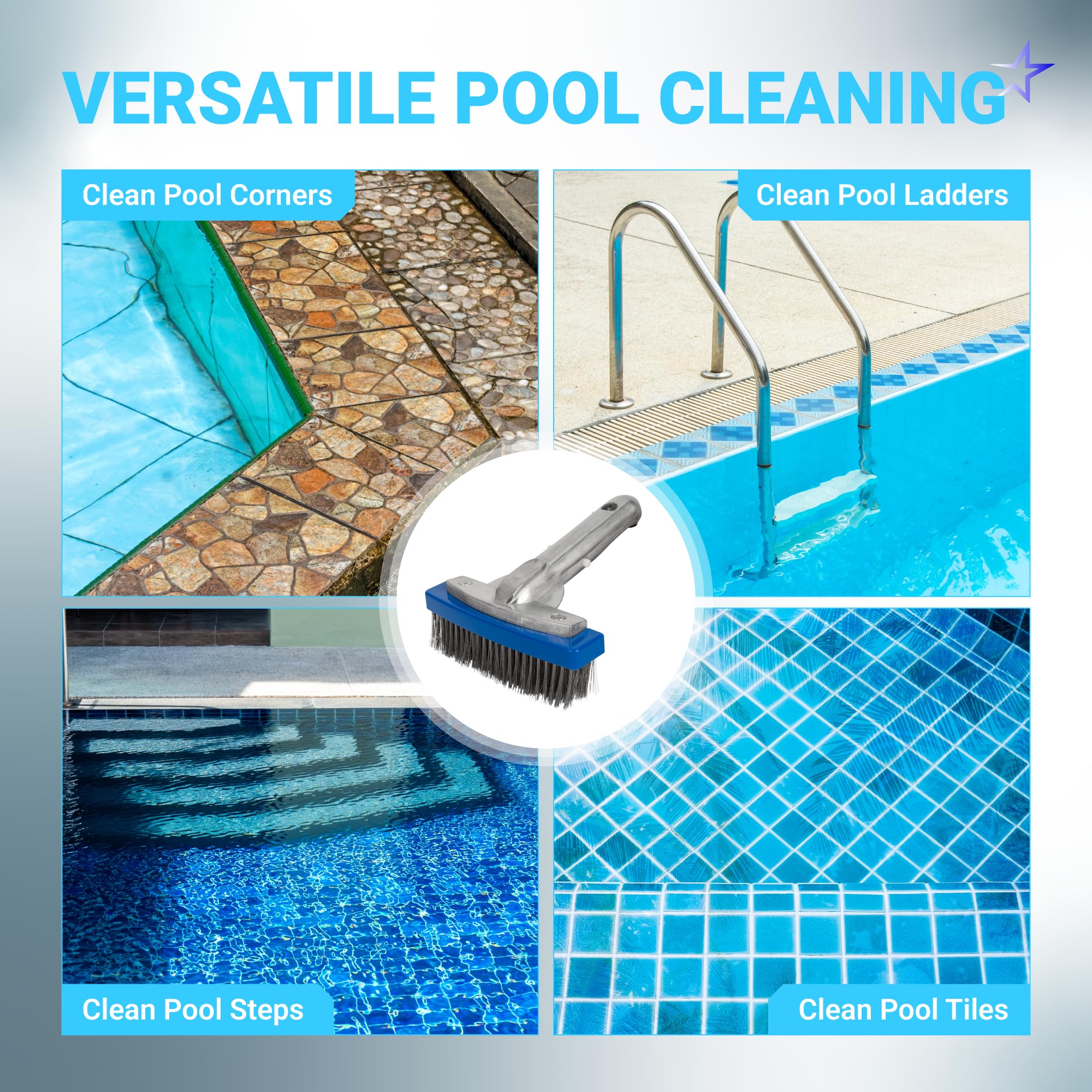BlueStars Cepillo de piscina resistente de 12,7 cm con alambre de cerdas de acero inoxidable y mango de aluminio de 12,7 cm, adecuado para hacer frente a manchas difíciles en paredes, azulejos,