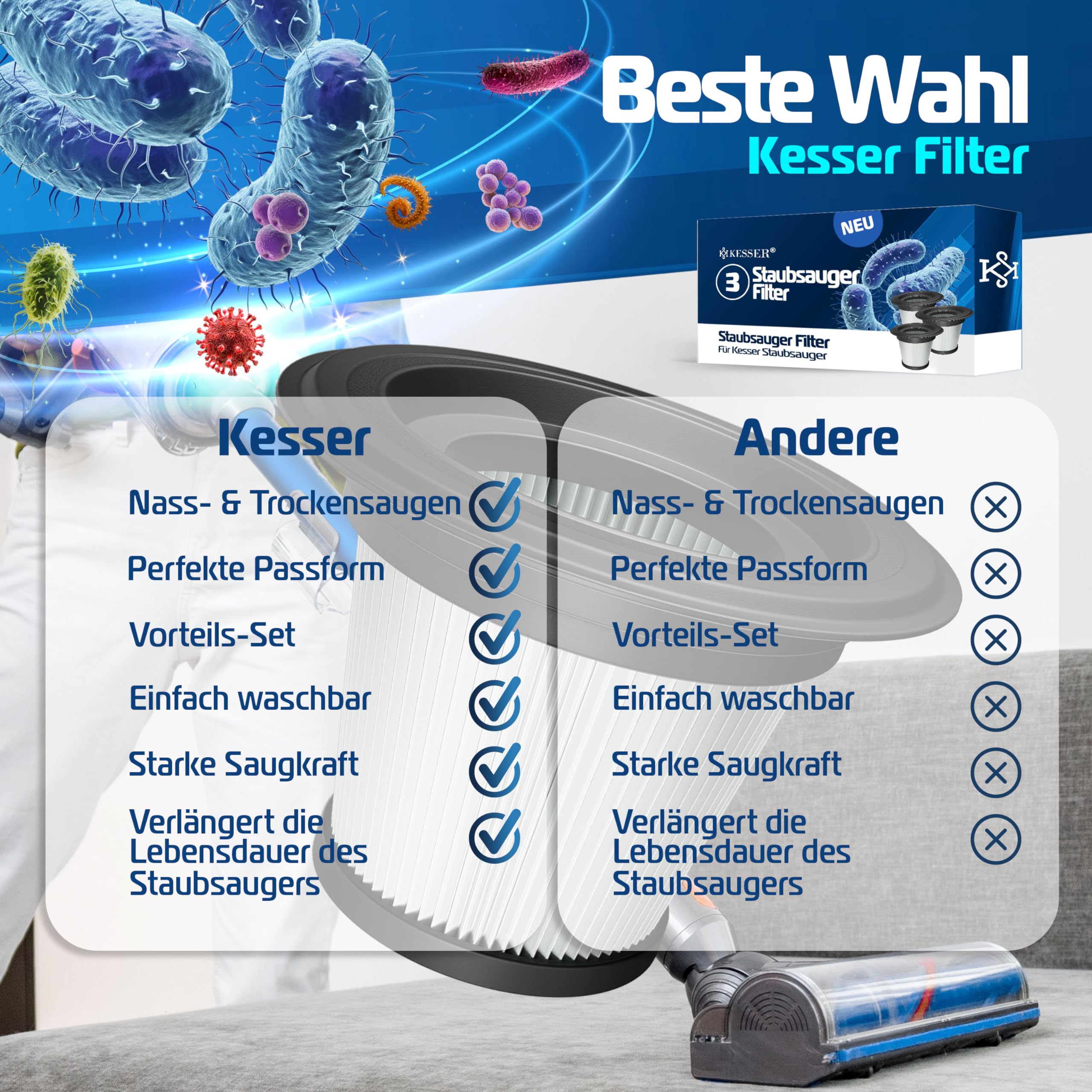 KESSER® Lot de 3 filtres de rechange compatibles avec les aspirateurs KESSER 3 en 1 pour aspirateur sans fil