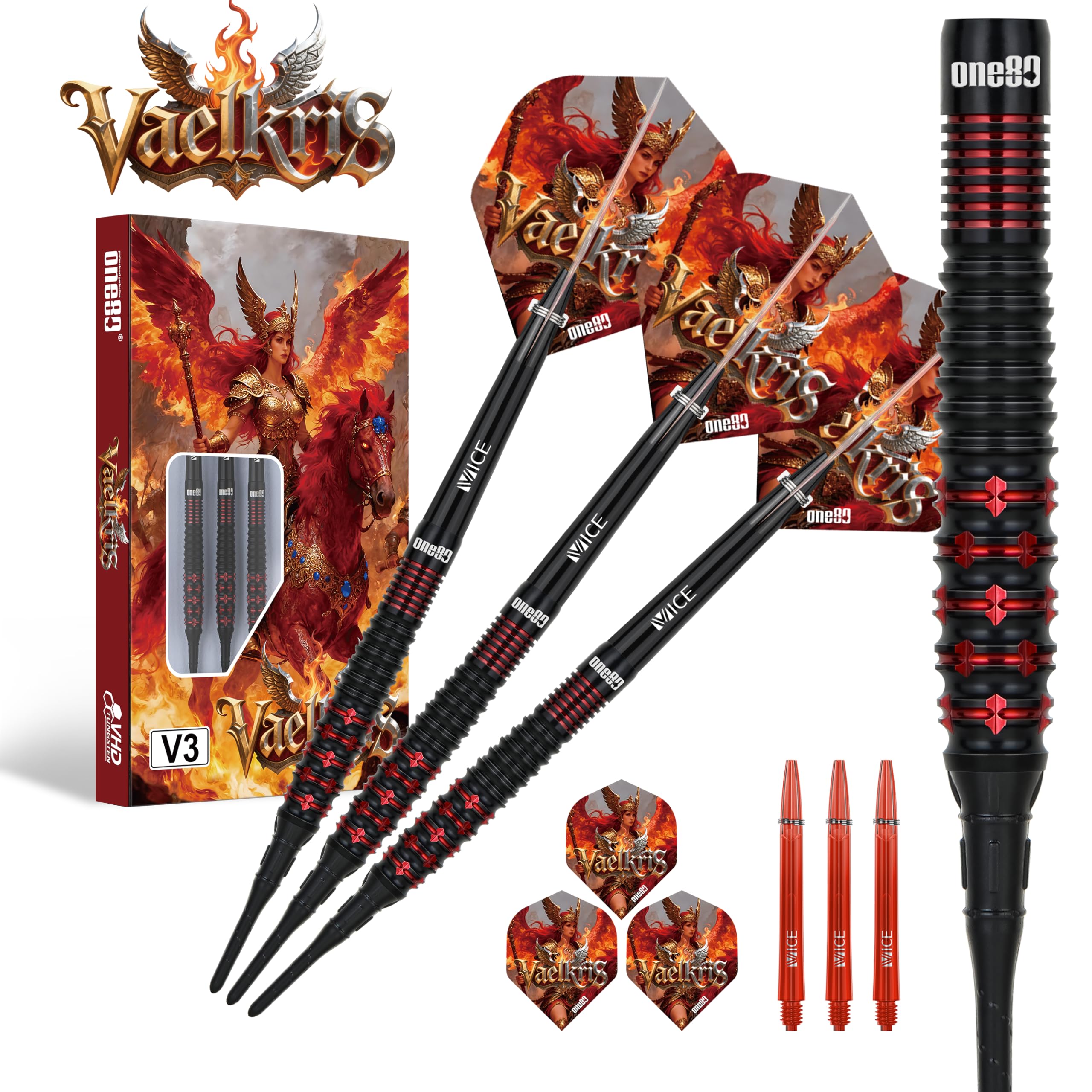 ONE80 Soft Dart Wraith VHD Lot de fléchettes souples en tungstène 90 % tungstène avec tiges et ailettes