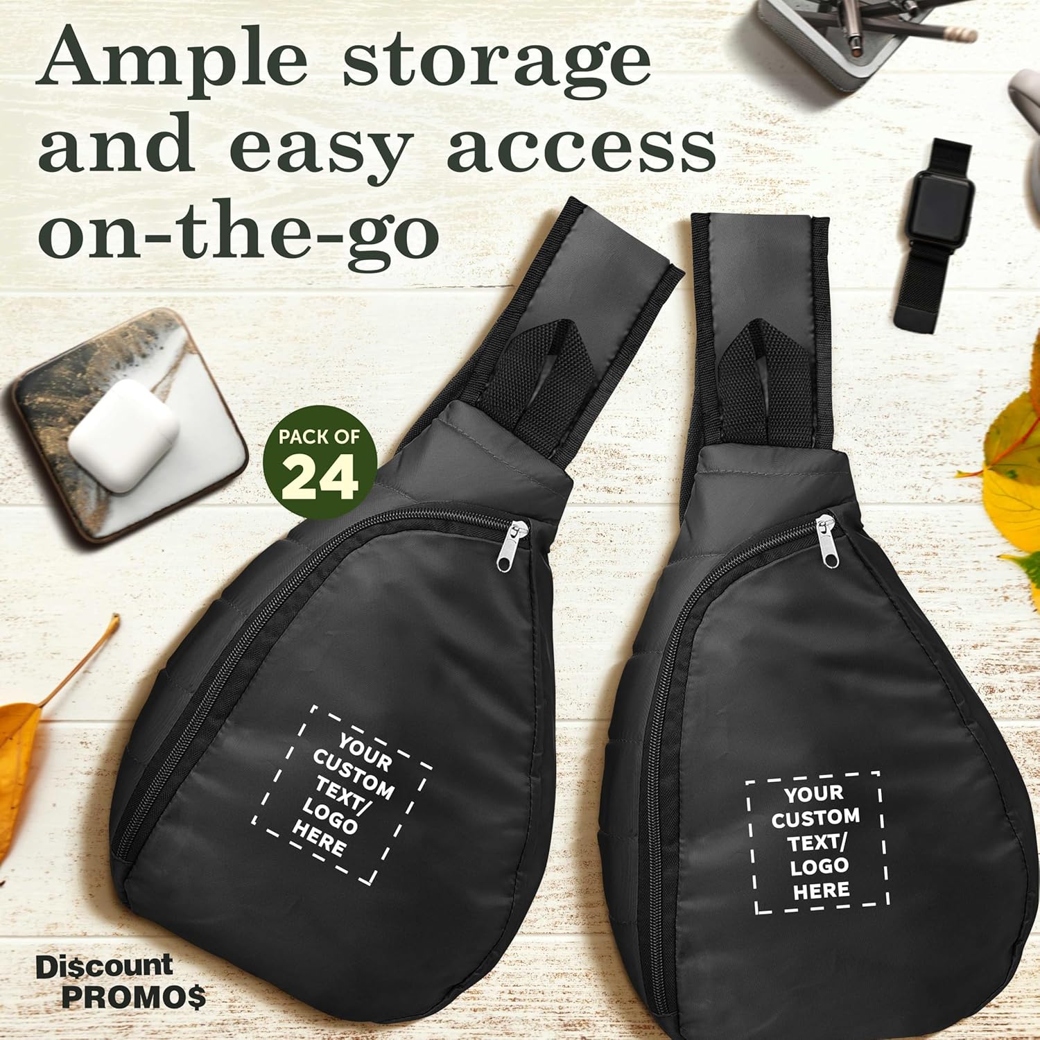 DISCOUNT PROMOS Custom Monterey Sling Backpacks Set of 24, Personalized Bulk Pack - Adjustable, Comfort Fit, Lightweight, Ideal for Commuting, Sports, Daily Use - Black