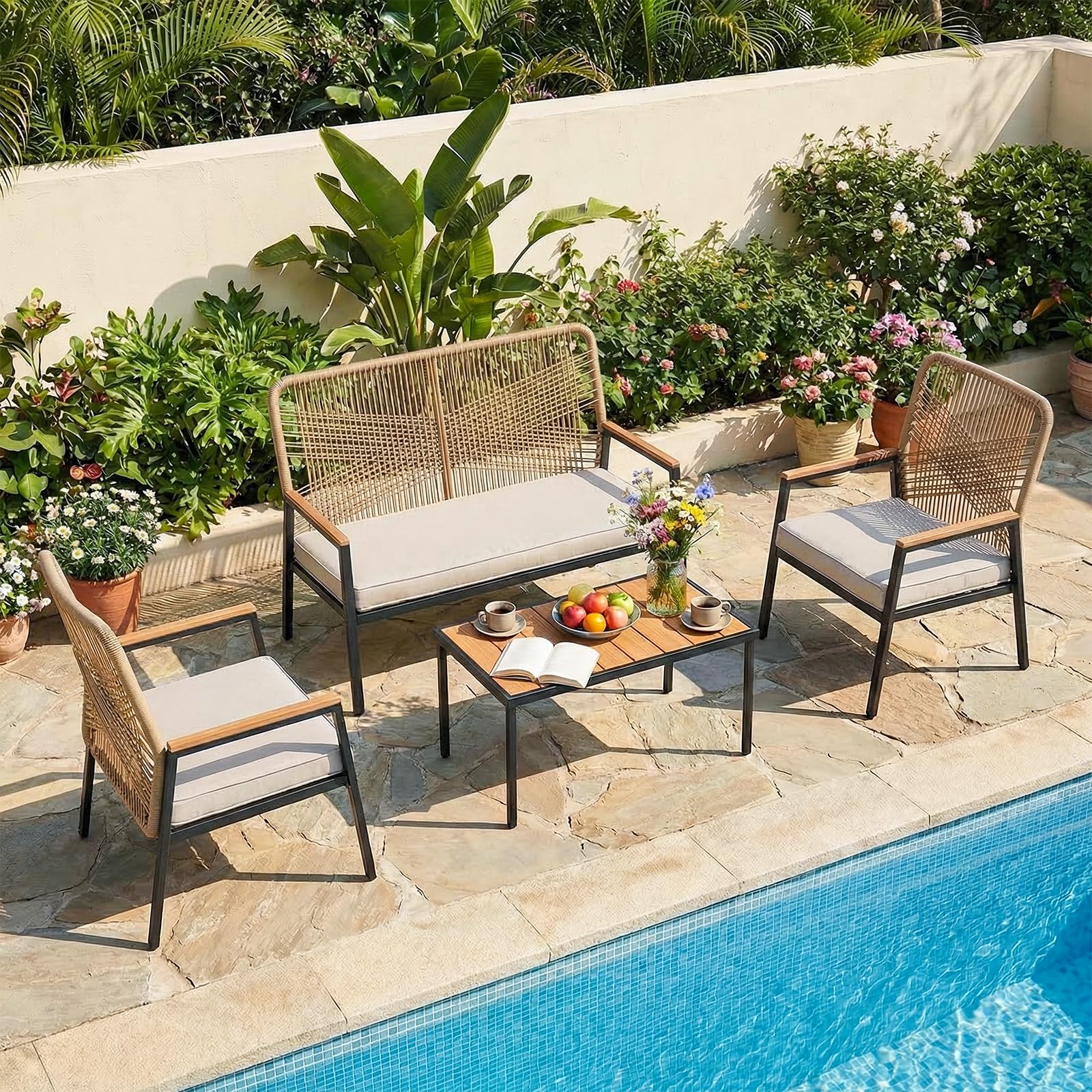 LIFERUN Gartensofa Rattan, 2-Sitzer Rattansofa Polyrattan, Sitzbank Outdoor, Gartenmöbel Metall und Rattan, Wetterfest, WPC Armrest, 64x115x94cm, Balkon Bank für Terrasse,Garten und Veranda, Beige