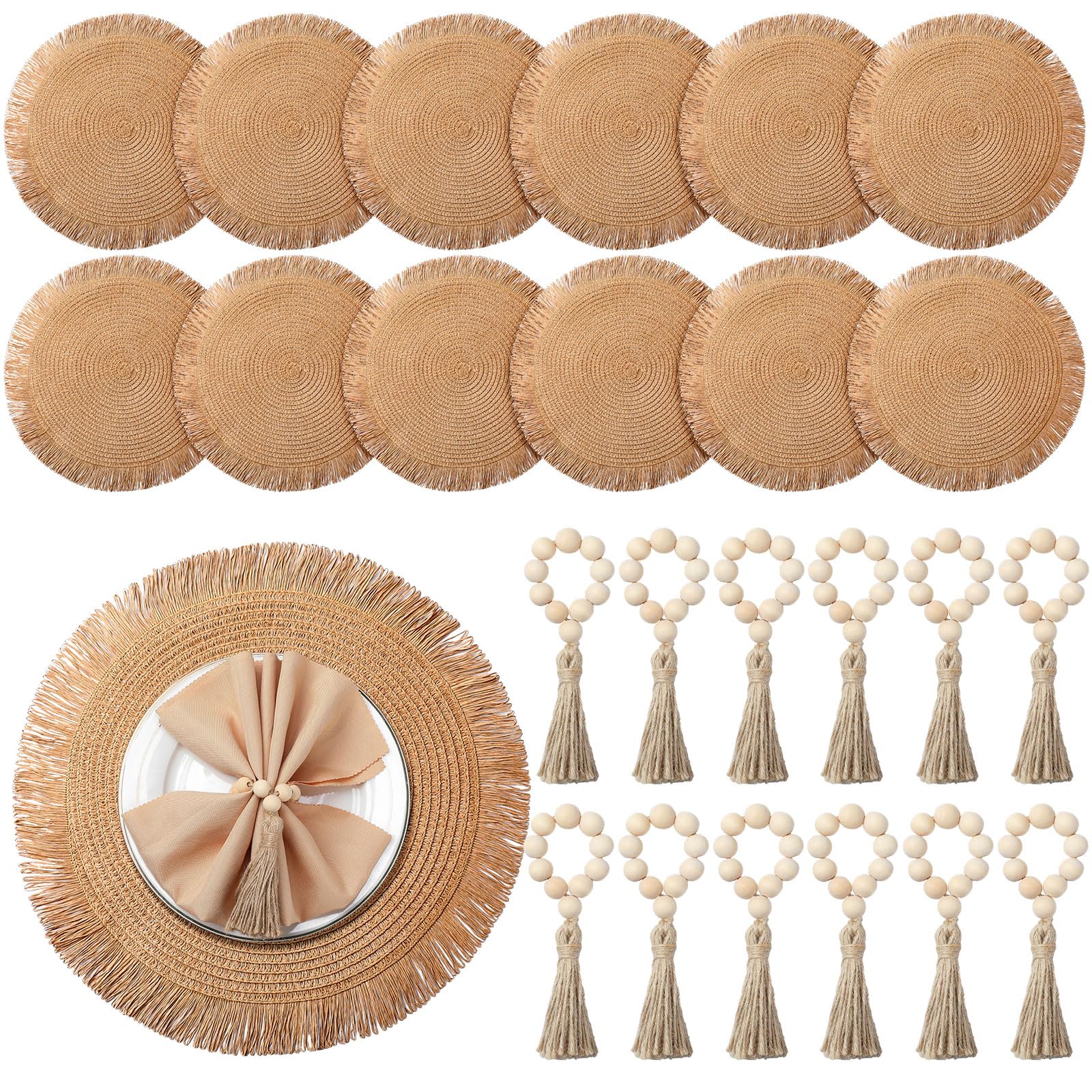 Set Boho Da 6 Tovagliette In Tessuto Rotonde E Rettangolari, Con Runner 180 Cm, Tovaglioli, Portatovaglioli In Legno E Cesto In Rattan – Decorazione Tavola Rustica