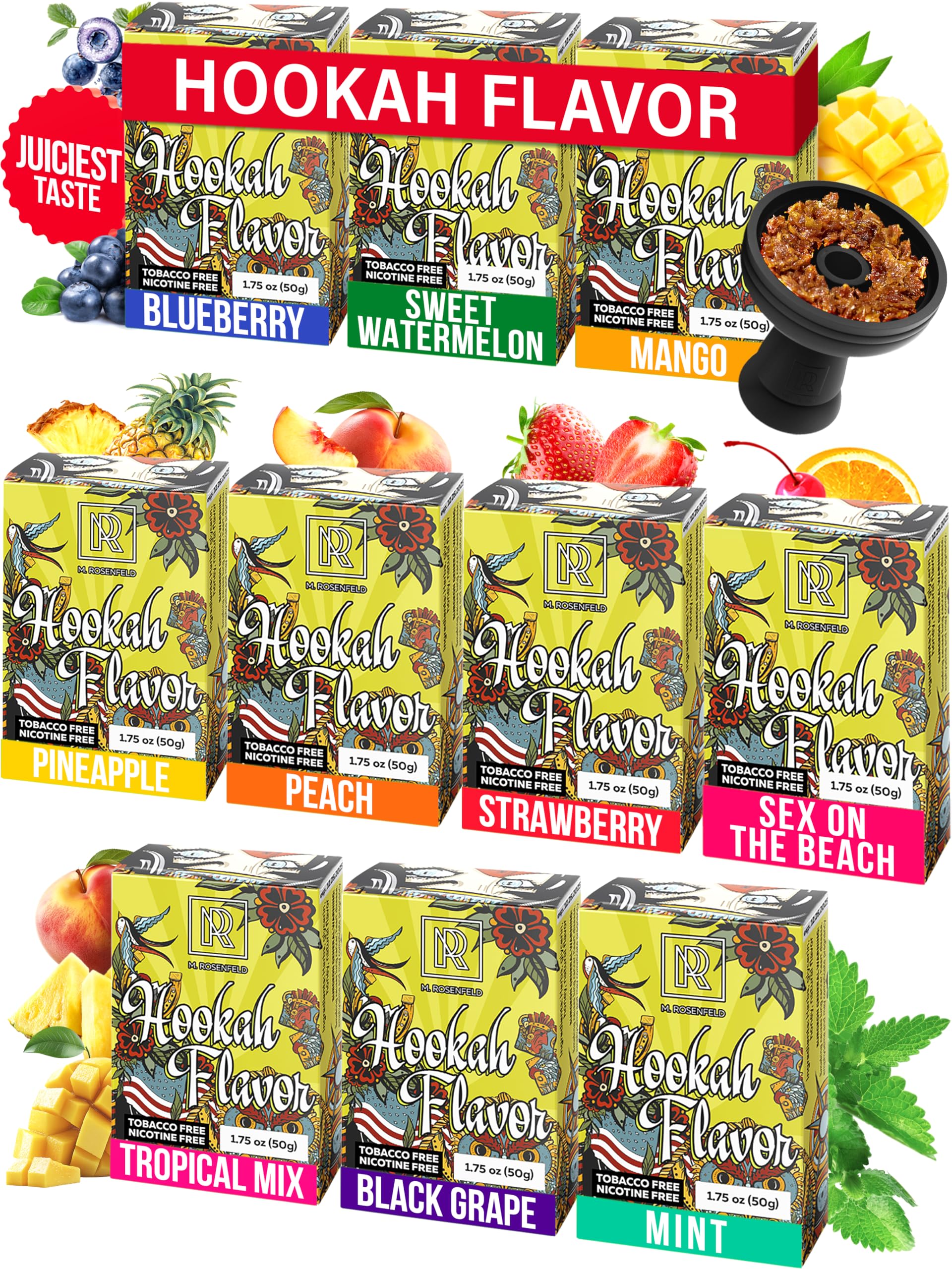 Mega Hookah Flavors Set - 10 x 50g non tobacco hookah flavor (Peach - Sweet Watermelon - Mango - Pineapple - Strawberry - Blueberry - Sex on the beach - Black grape - Tropical mix - Mint) Hookah Bundle Pack of 10 - Try these Tobacco Free Shisha