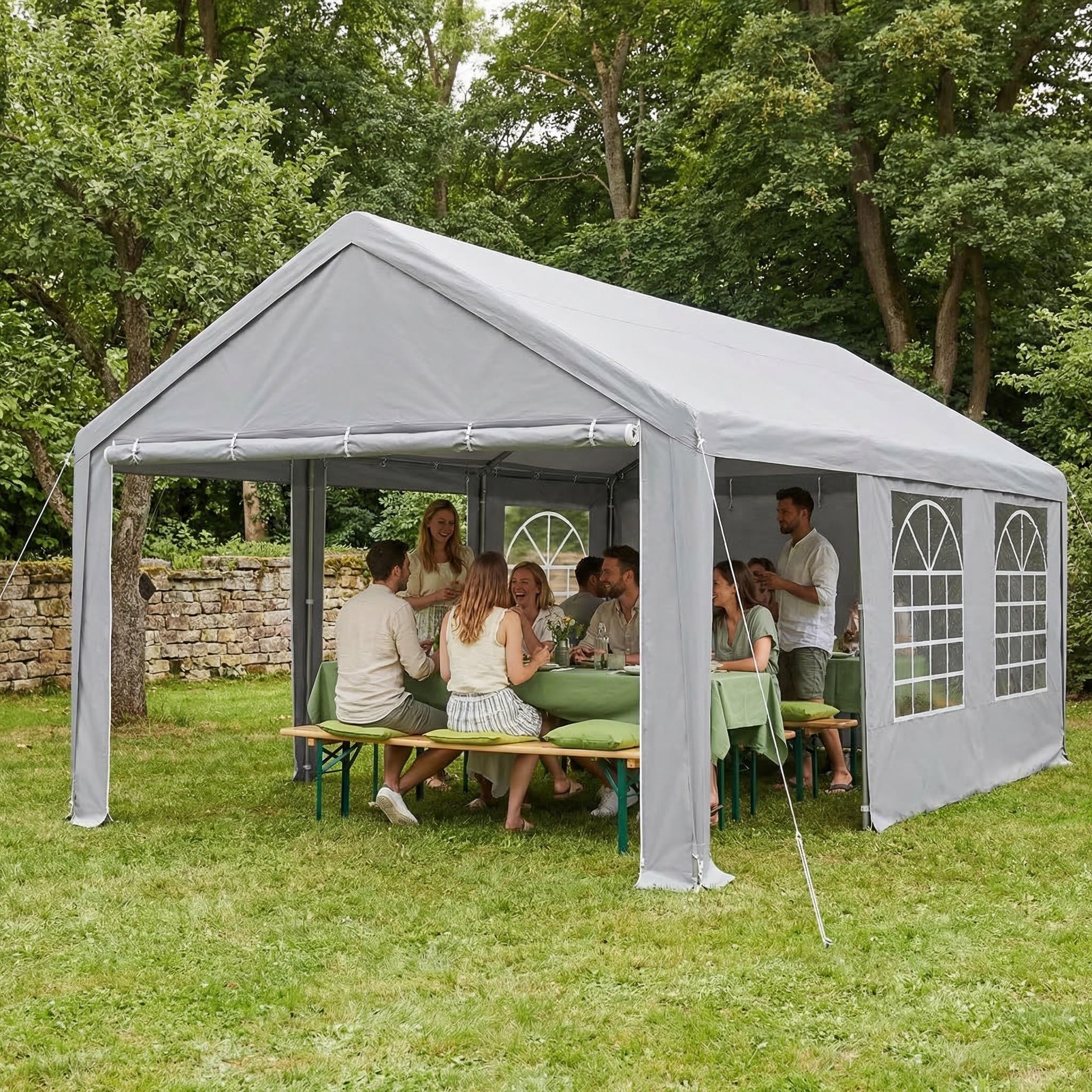 YRHome Premium 4x6M Partyzelt Pavillon,Wasserdicht & Winterfest,Einfach Aufzubauen,Stabil mit Seitenteilen & Fenstern,PE-Dach Garten Hochzeit Grau