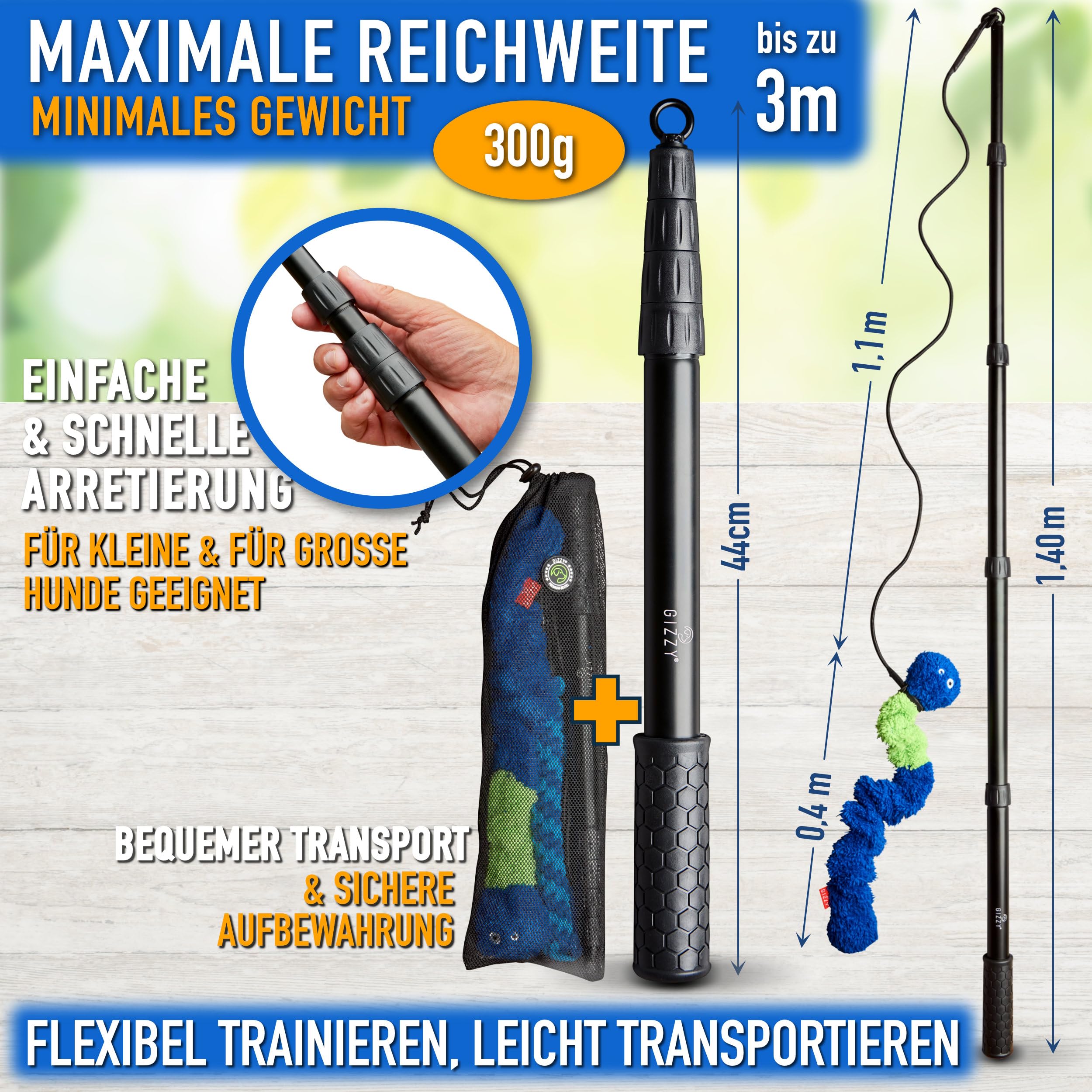 GIZZY® Reizangel Hunde XL – Profi Hundeangel & Trainingsangel für große & kleine Vierbeiner – Robuste Hundeangel als Hunde Beschäftigung & Hundetraining – Inkl. eBook – Hundespielzeug Reizangel