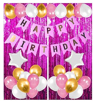 Happy Birthday Decoration Kit Combo Items Balloons 47 pcs Set 13 Letter Pink Banner, Metallic Latex Balloon, Foil Curtains, Star Foil Ballons for Girls Parties Decorations by Prop Box