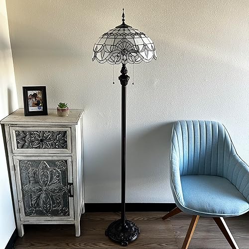 Miniatura 7 de Tiffany - Lámpara de pie con vitrales blancos, estilo barroco, lavanda, base de metal, bombillas LED incluidas para sala de estar, dormitorio, 16