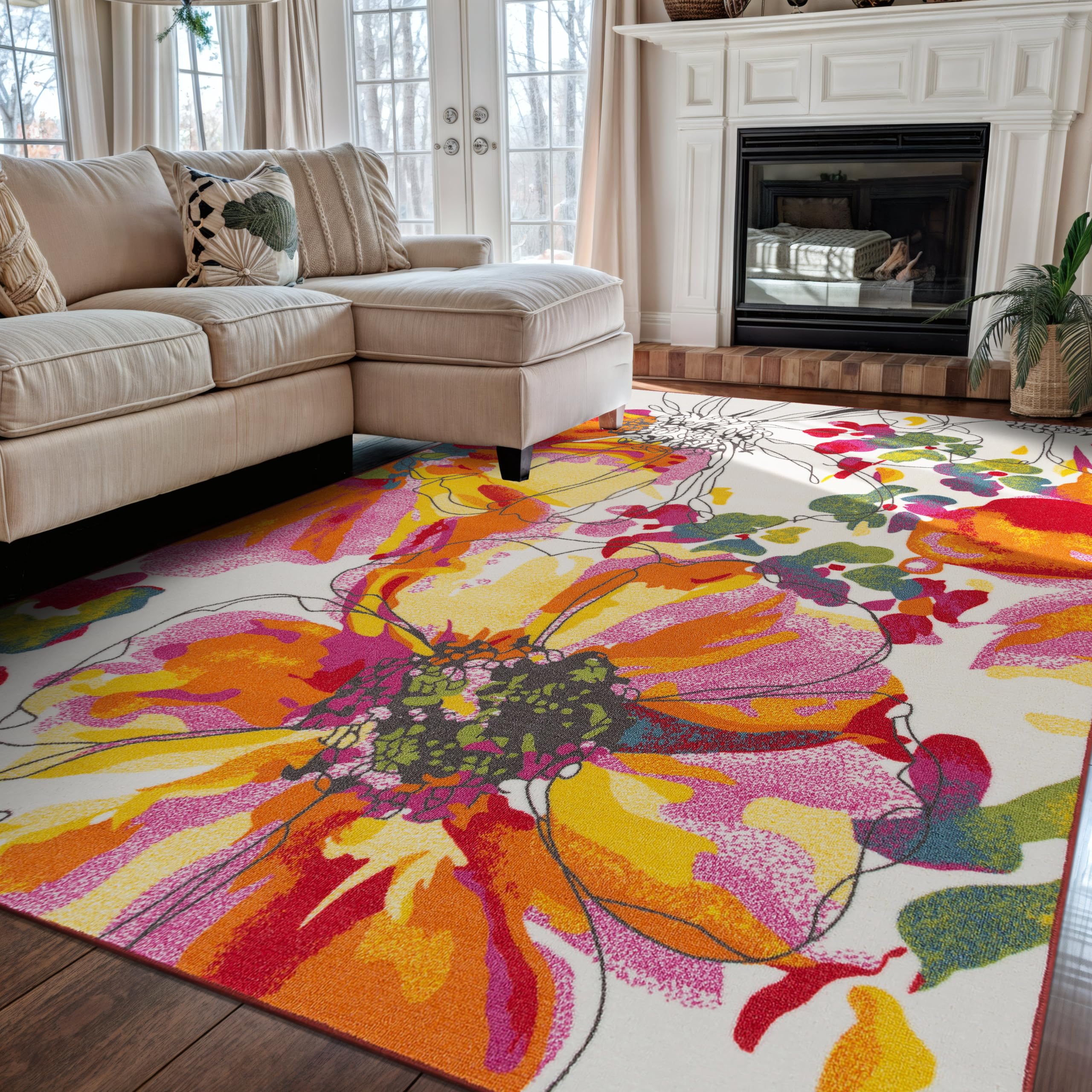 Rugshop Modern Bright Flowers Non-Slip (Non-Skid) Area Rug 5 X 7 (5' 3" X 7' 3") Multi